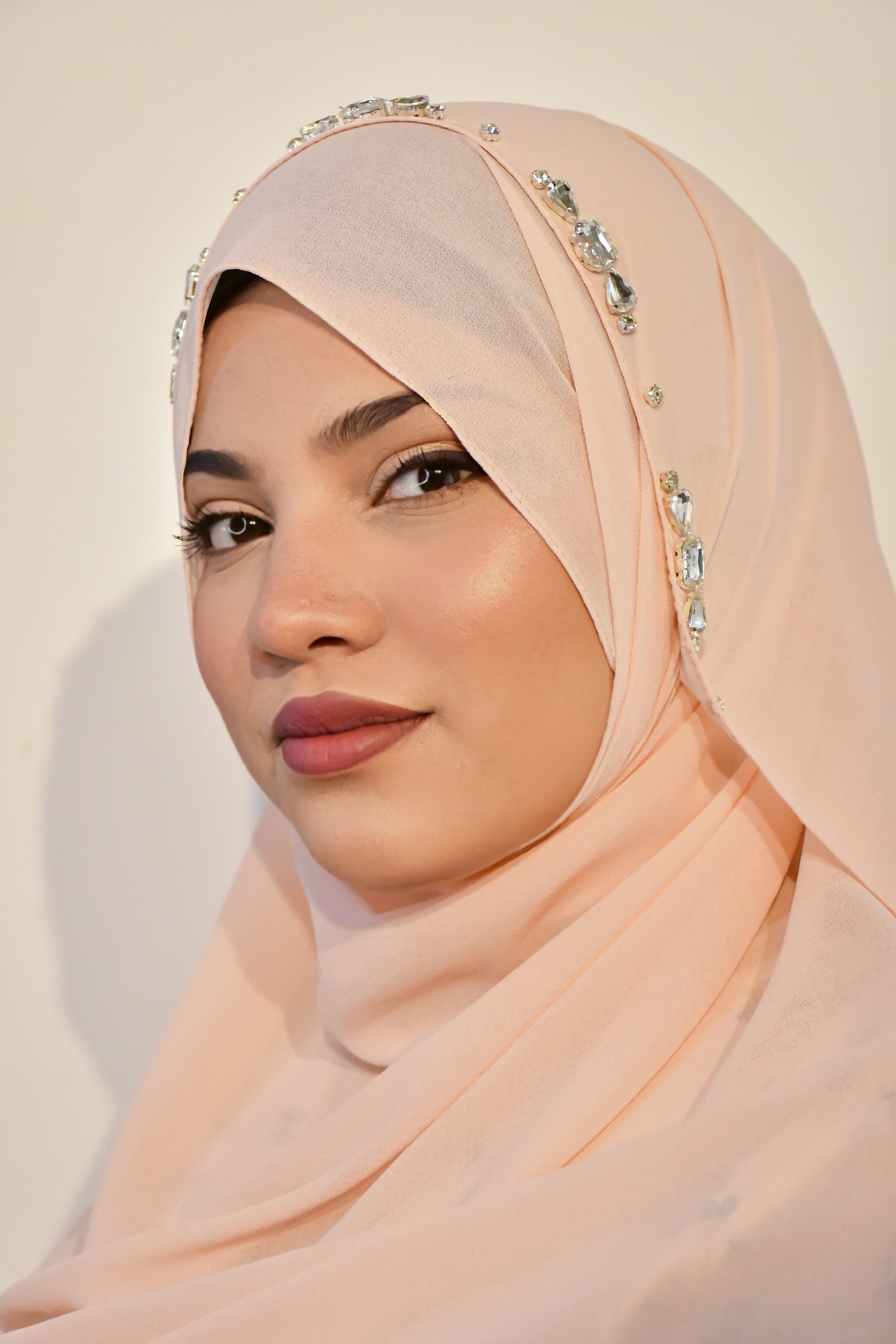Peach Diamond Studded Premium Full Coverage Chiffon Hijab Scarf