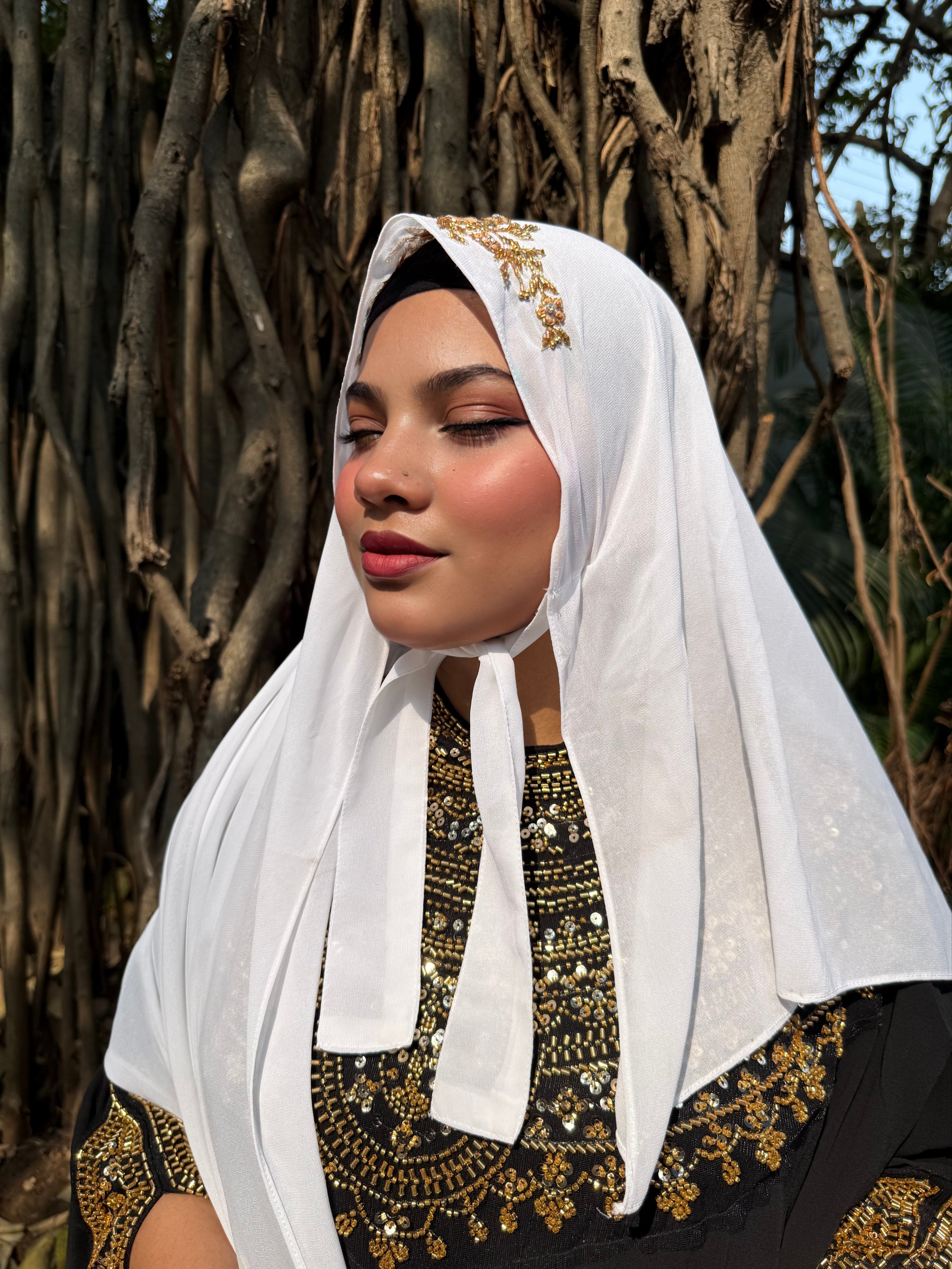 TIE BACK READY TO WEAR HANDWORK HIJAB (170 cm x 70 cm) Indian Georgette