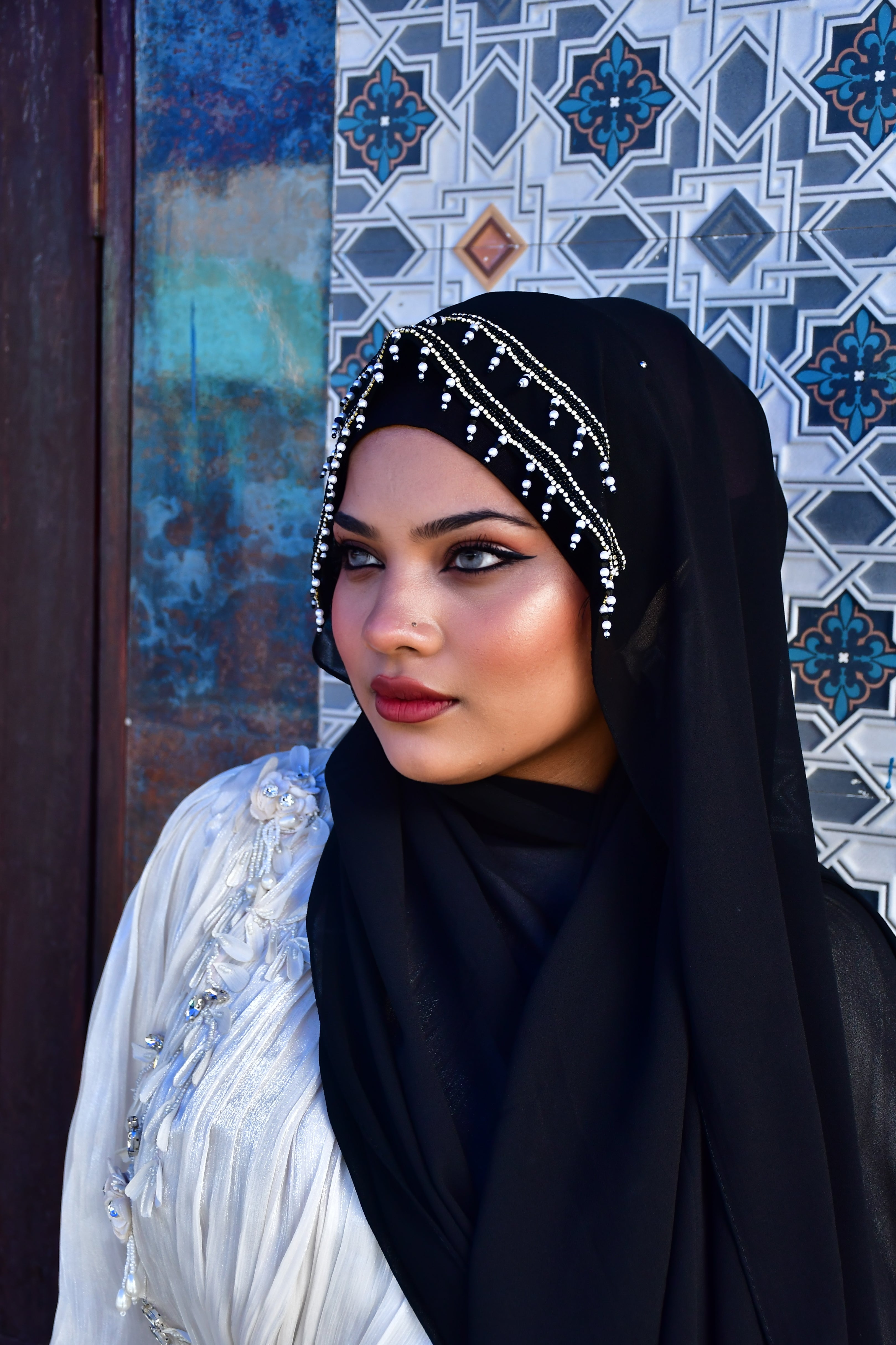 Premium Malaysian Fabric Hijab with Handcrafted Pearl Work  Luxury Black Hijab (2m x 1m)