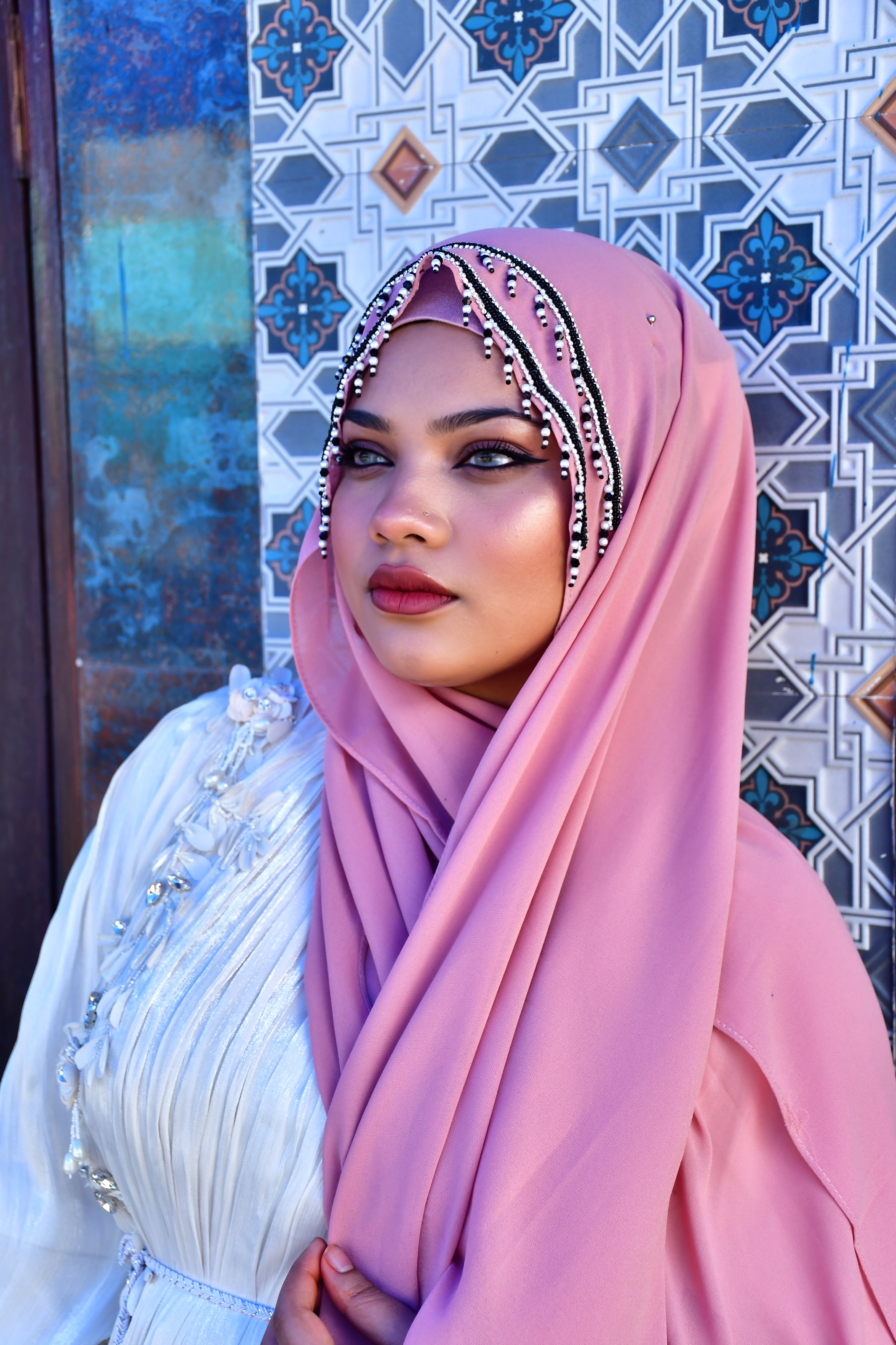 Premium Malaysian Fabric Hijab with Handcrafted Pearl Work  Luxury Black Hijab (2m x 1m)