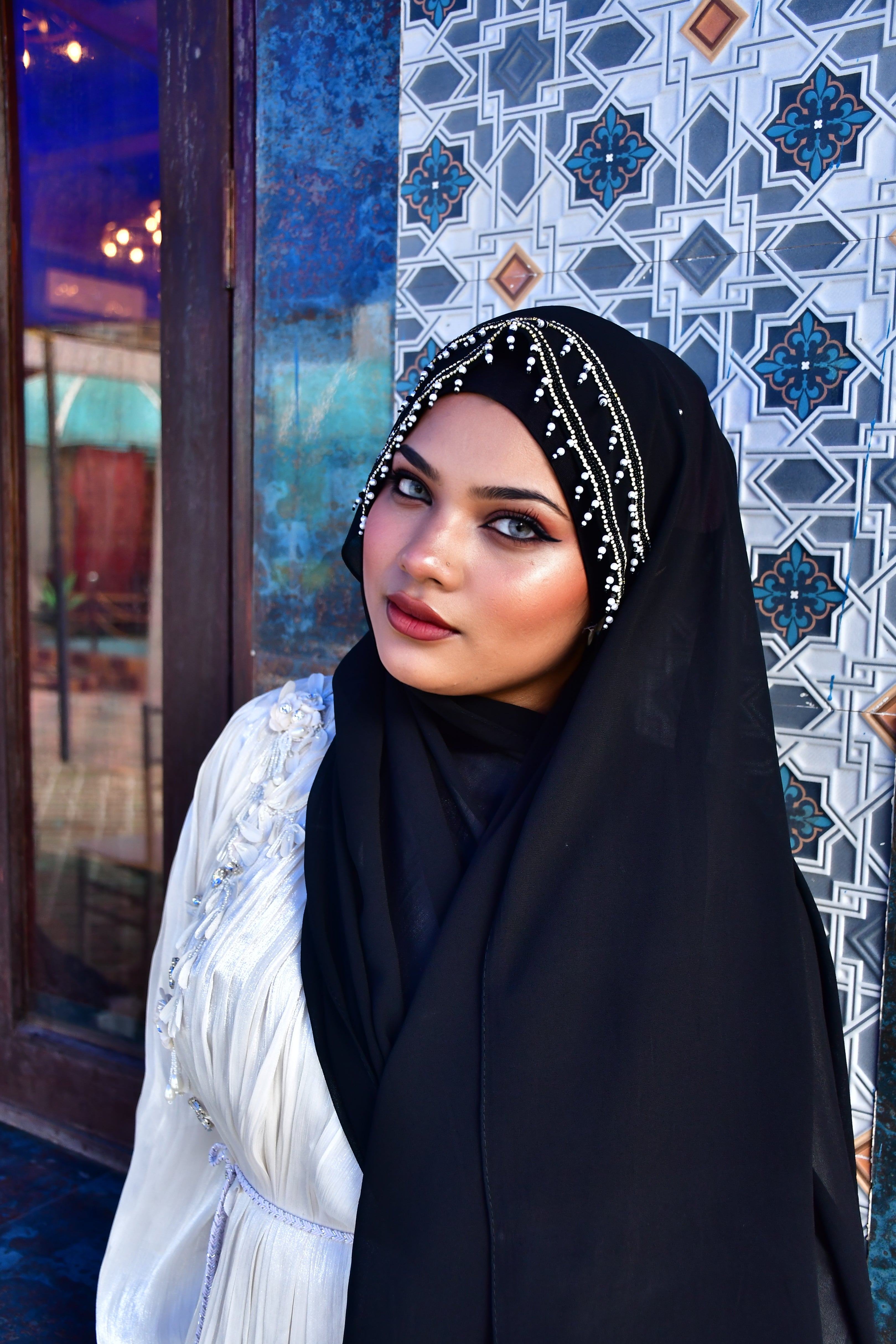 Premium Malaysian Fabric Hijab with Handcrafted Pearl Work  Luxury Black Hijab (2m x 1m)