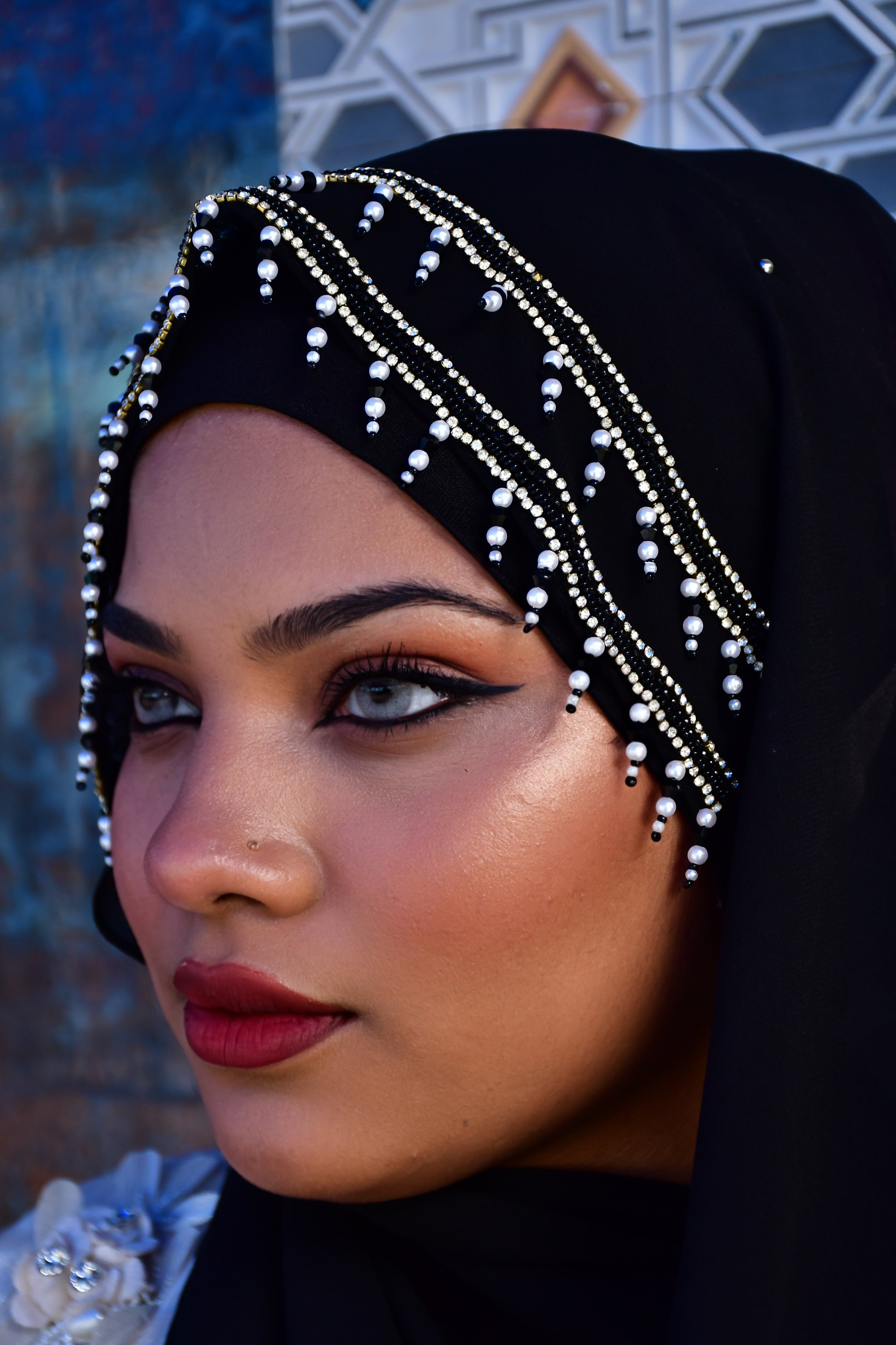 Premium Malaysian Fabric Hijab with Handcrafted Pearl Work  Luxury Black Hijab (2m x 1m)