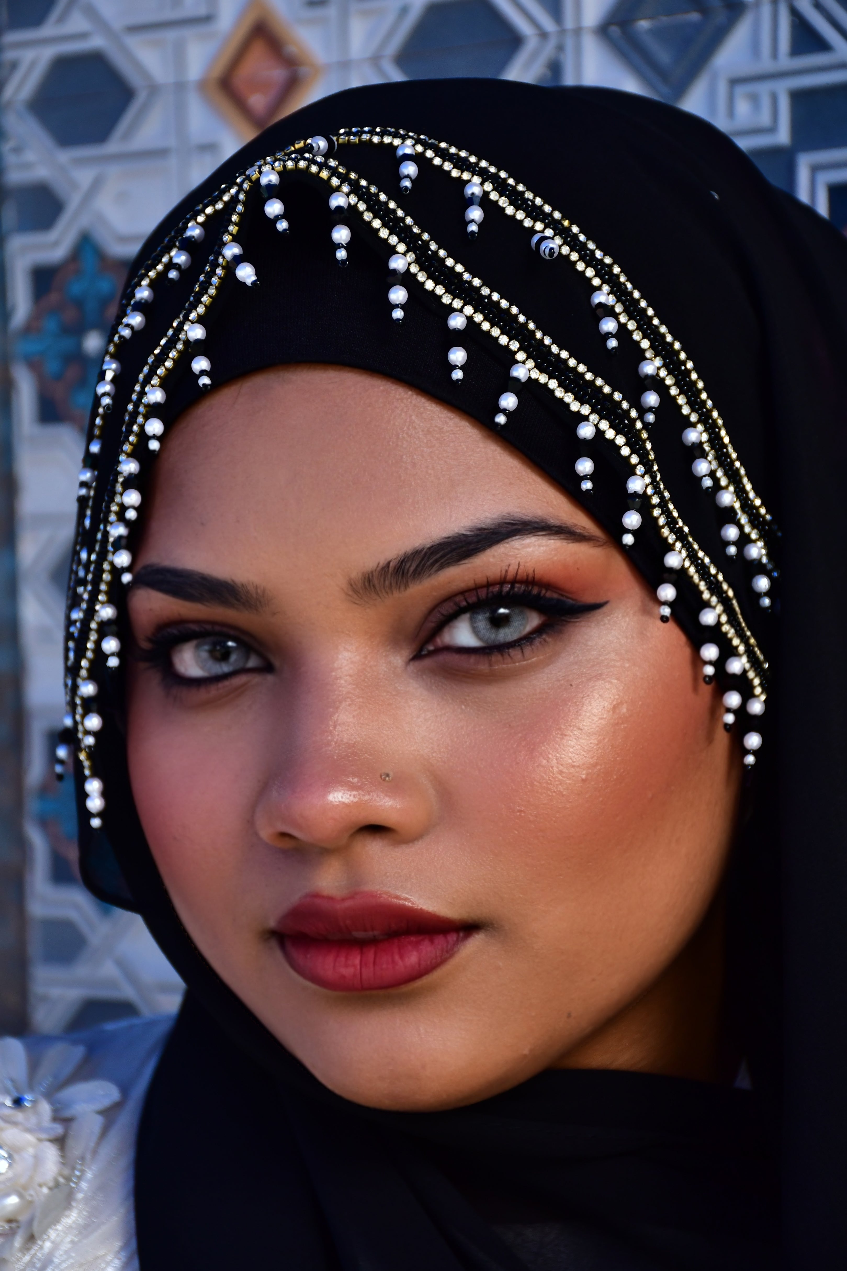 Premium Malaysian Fabric Hijab with Handcrafted Pearl Work  Luxury Black Hijab (2m x 1m)