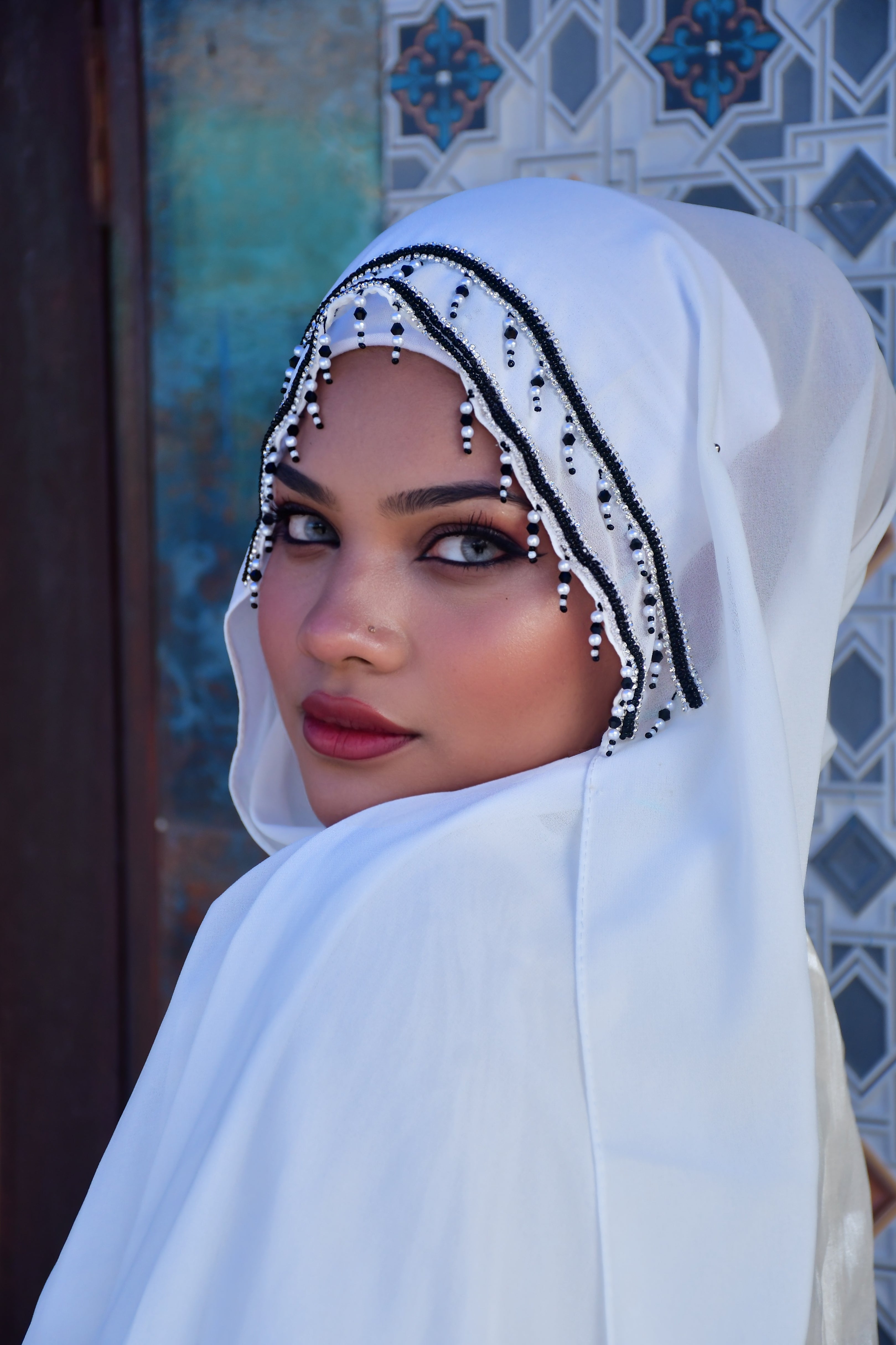 Premium Malaysian Fabric Hijab with Handcrafted Pearl Work -  Luxury Black Hijab (2m x 1m) )