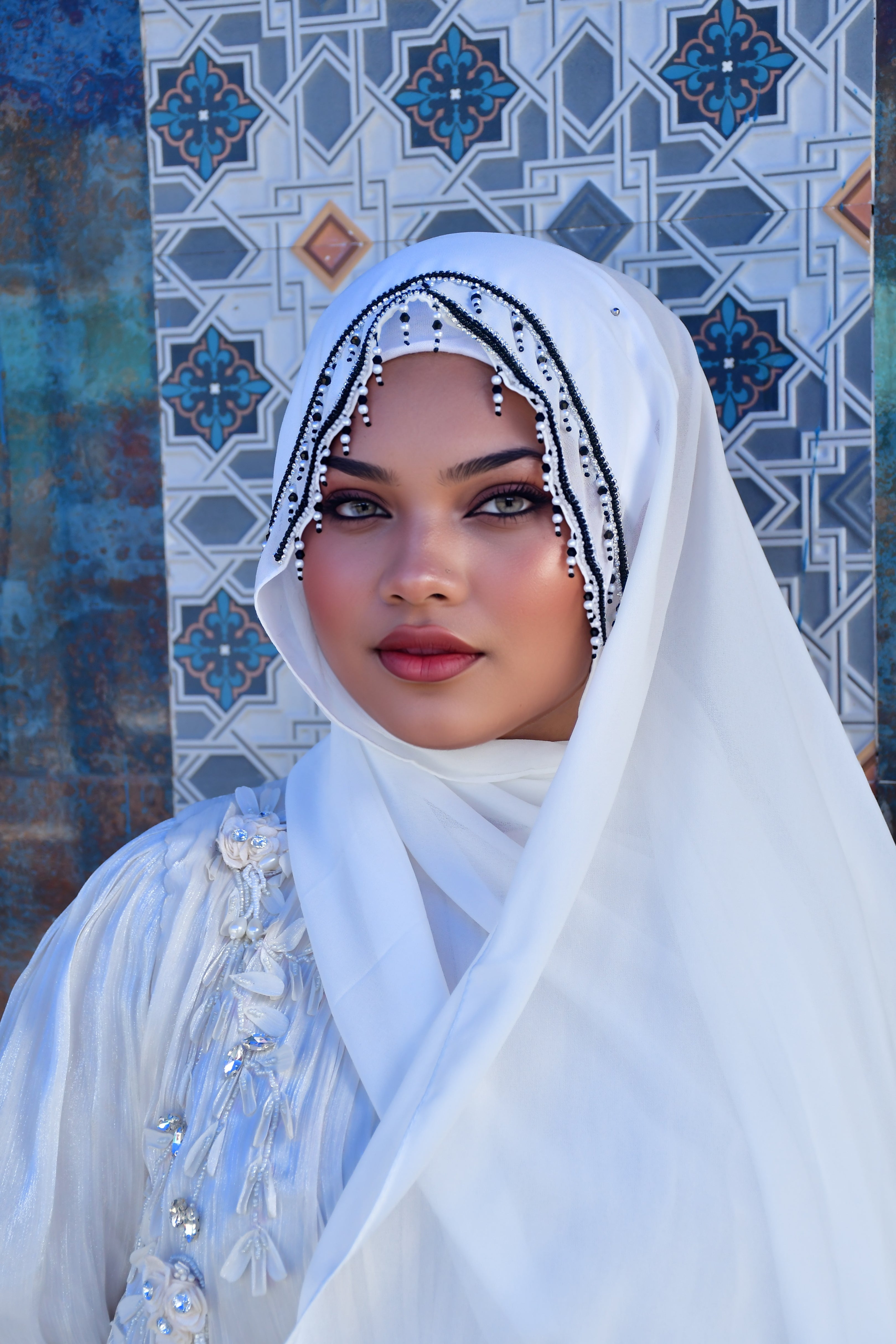 Premium Malaysian Fabric Hijab with Handcrafted Pearl Work -  Luxury Black Hijab (2m x 1m) )