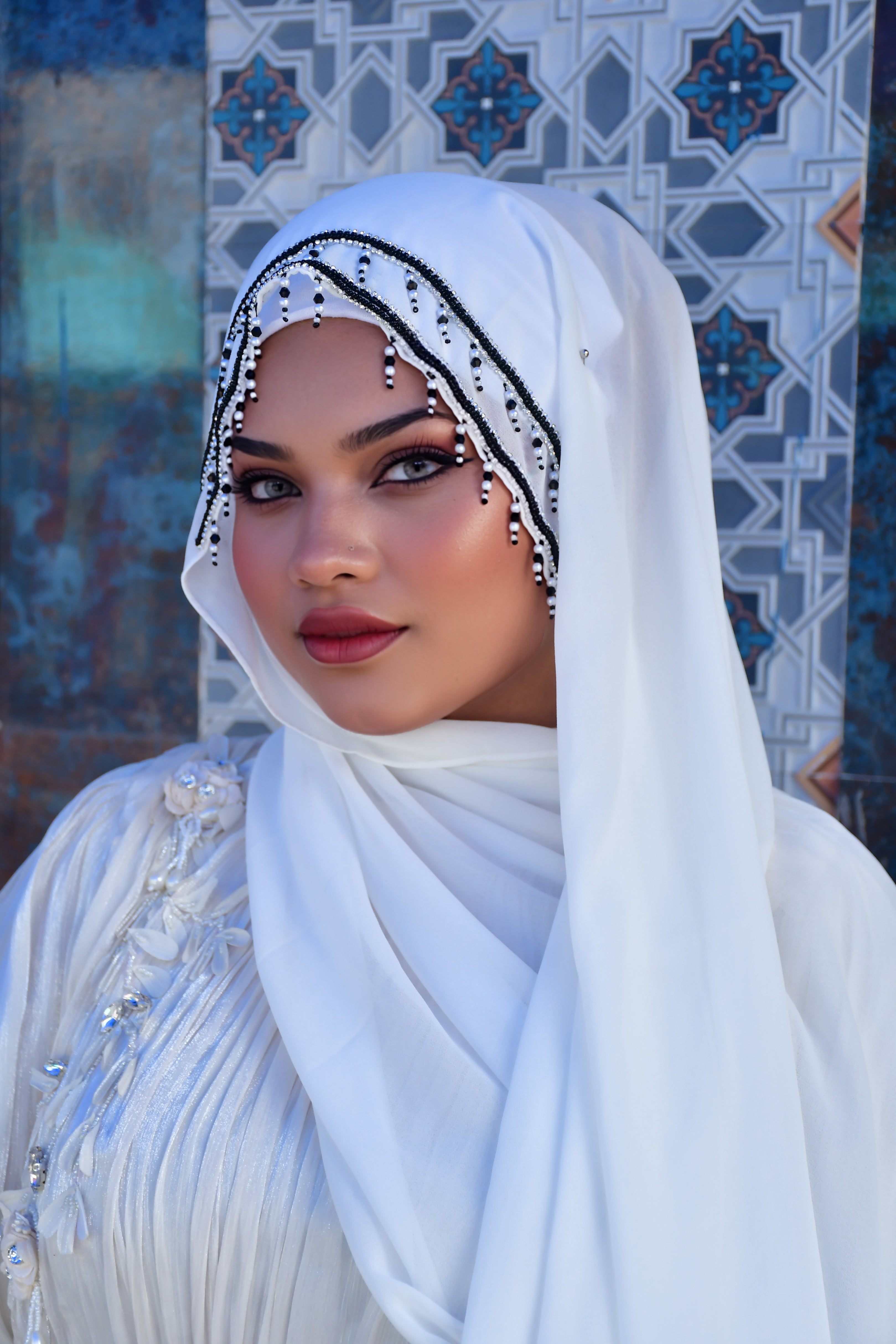 Premium Malaysian Fabric Hijab with Handcrafted Pearl Work -  Luxury Black Hijab (2m x 1m) )