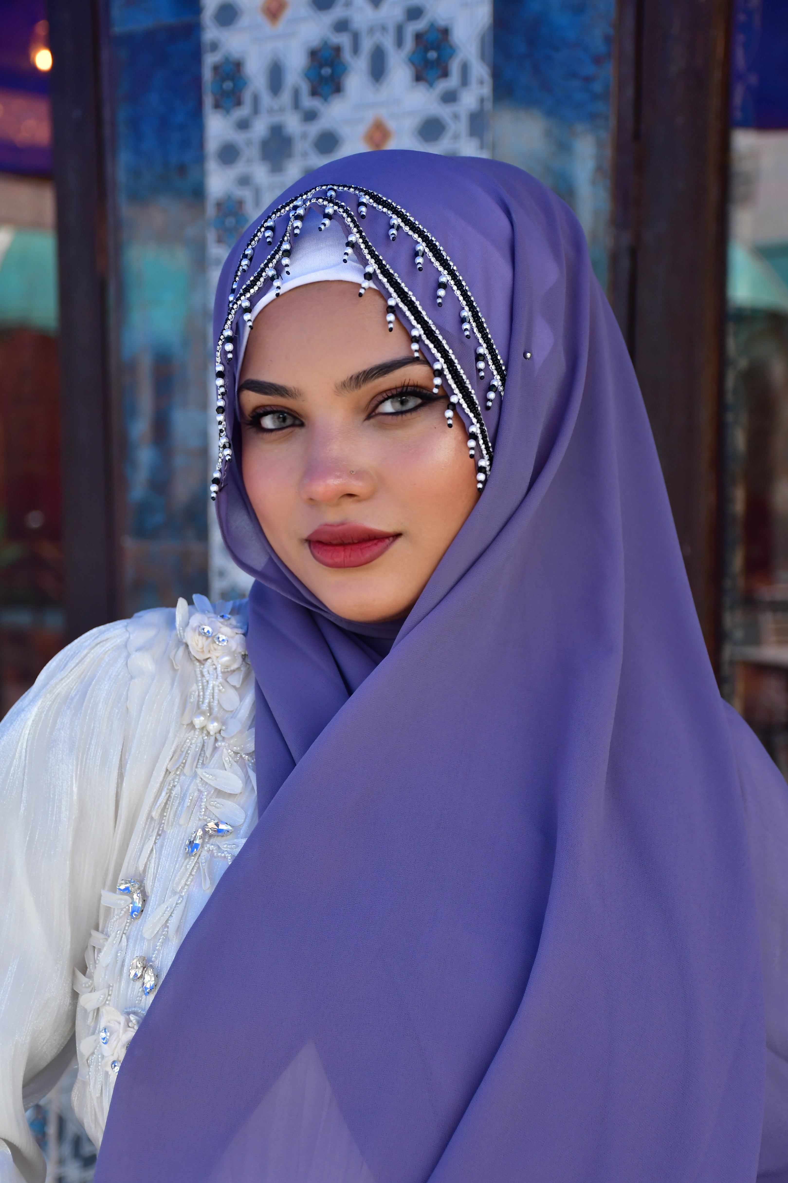 Premium Malaysian Fabric Hijab with Handcrafted Pearl Work -  Luxury Black Hijab (2m x 1m) )