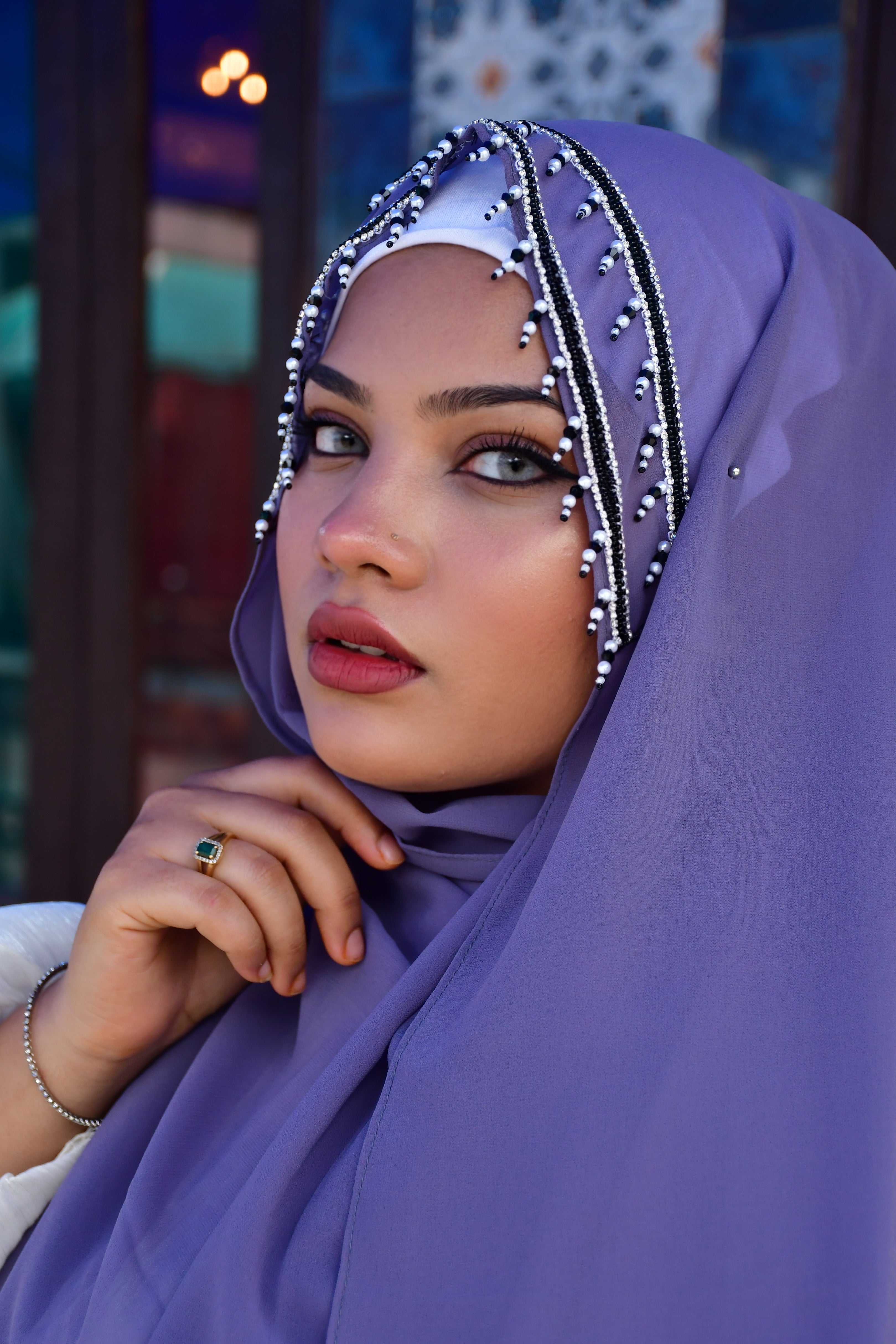Premium Malaysian Fabric Hijab with Handcrafted Pearl Work -  Luxury Black Hijab (2m x 1m) )