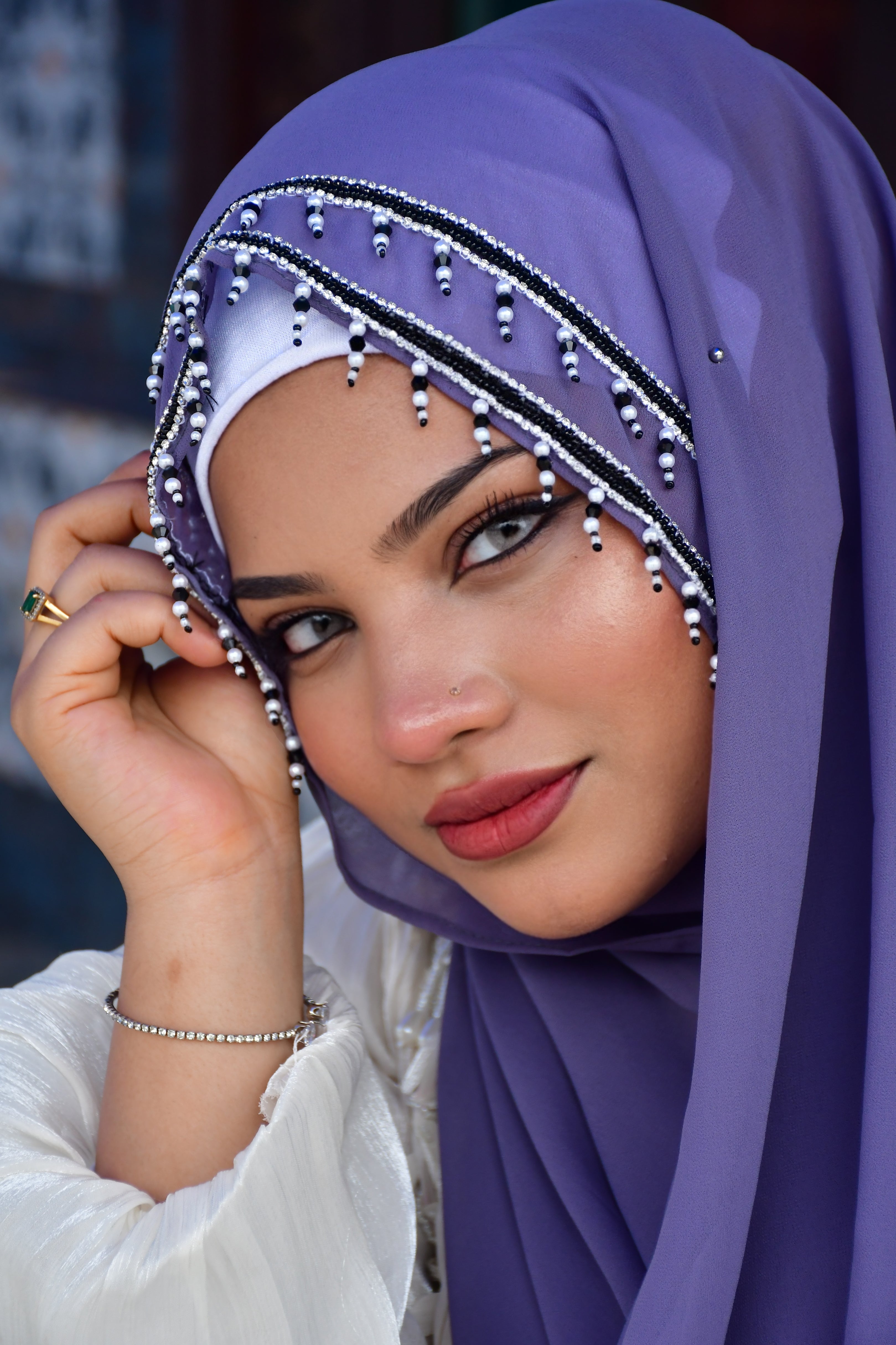 Premium Malaysian Fabric Hijab with Handcrafted Pearl Work -  Luxury Black Hijab (2m x 1m) )
