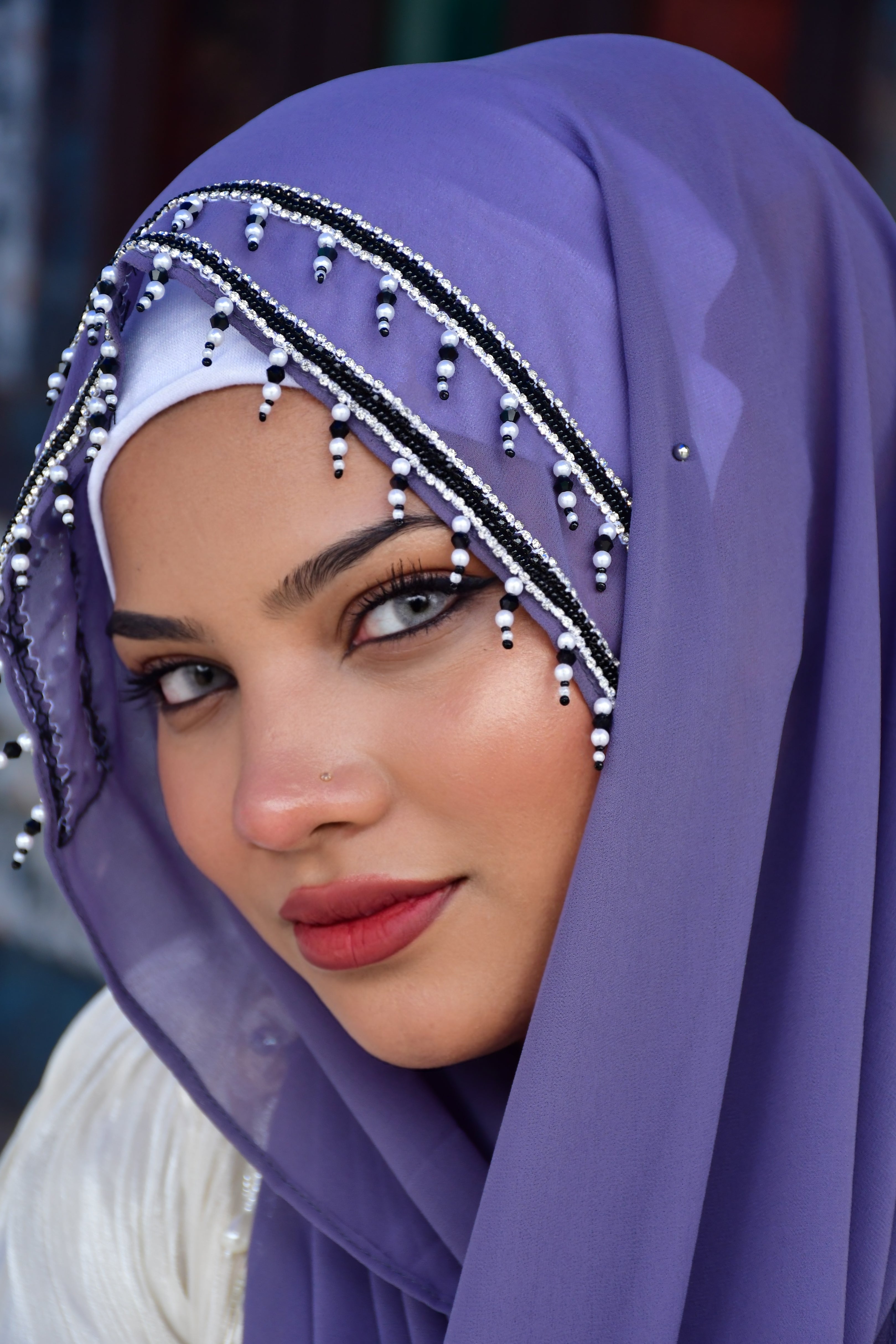 Premium Malaysian Fabric Hijab with Handcrafted Pearl Work -  Luxury Black Hijab (2m x 1m) )