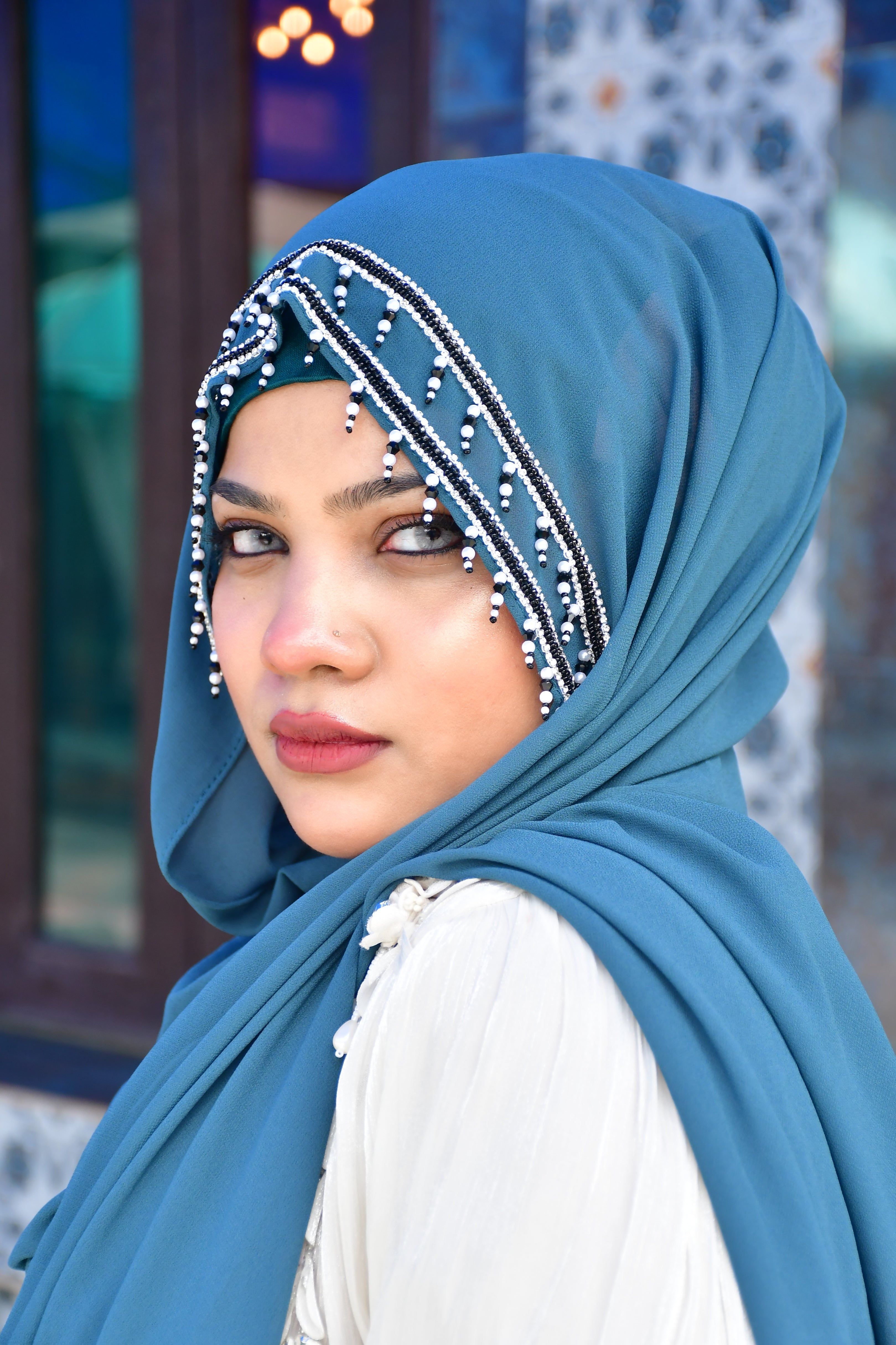 Premium Malaysian Fabric Hijab with Handcrafted Pearl Work  (2m x 1m)