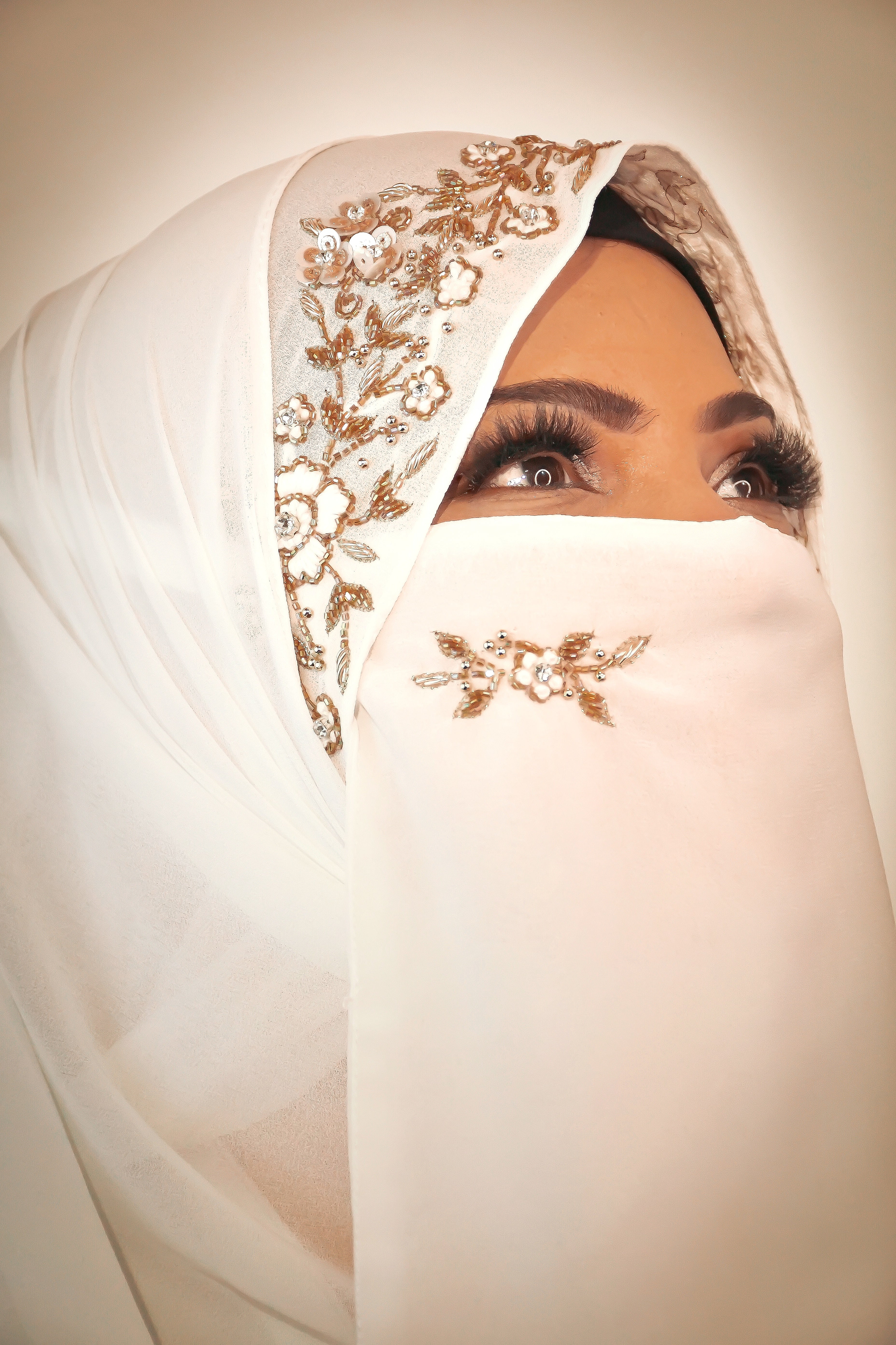 White Handwork Wedding Bridal Hijab With Naqab