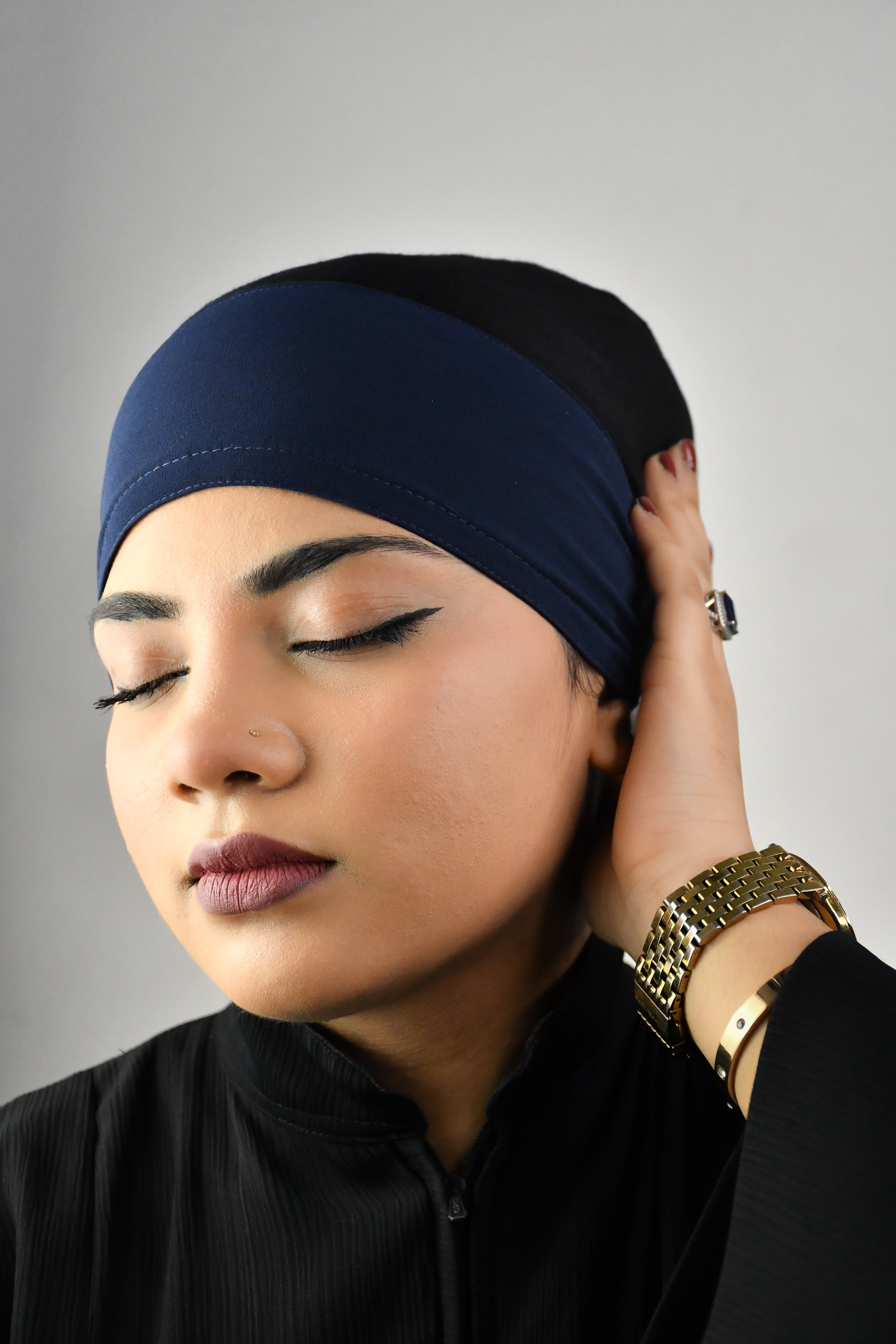 Navy blue tie back hijab cap bonnet cap