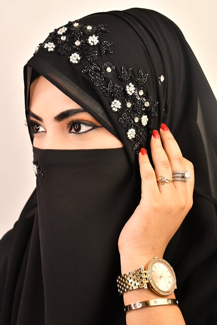 Black Party Wedding Silver Bridal Hijab With Naqab