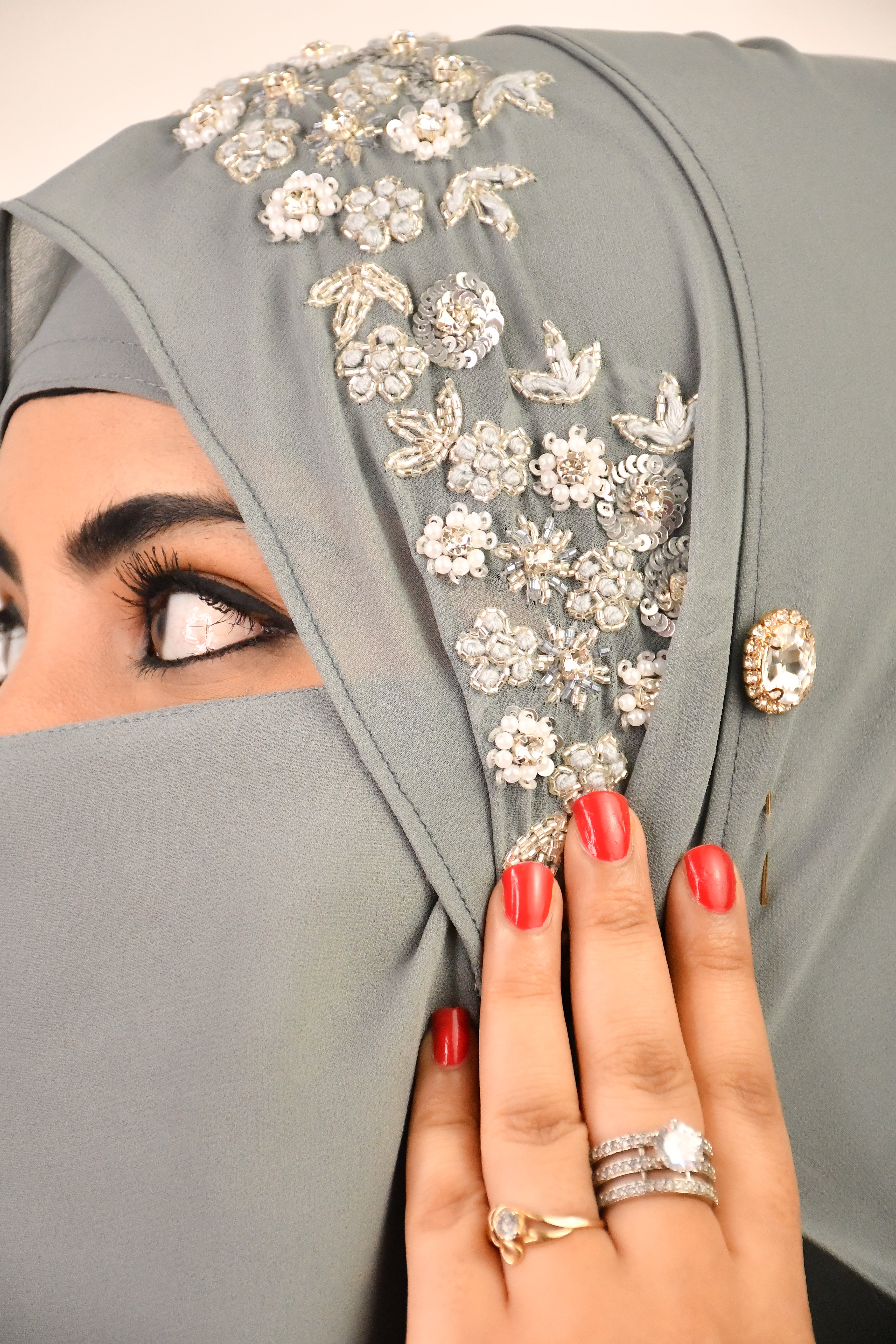 Party Wedding Silver Bridal Hijab With Naqab