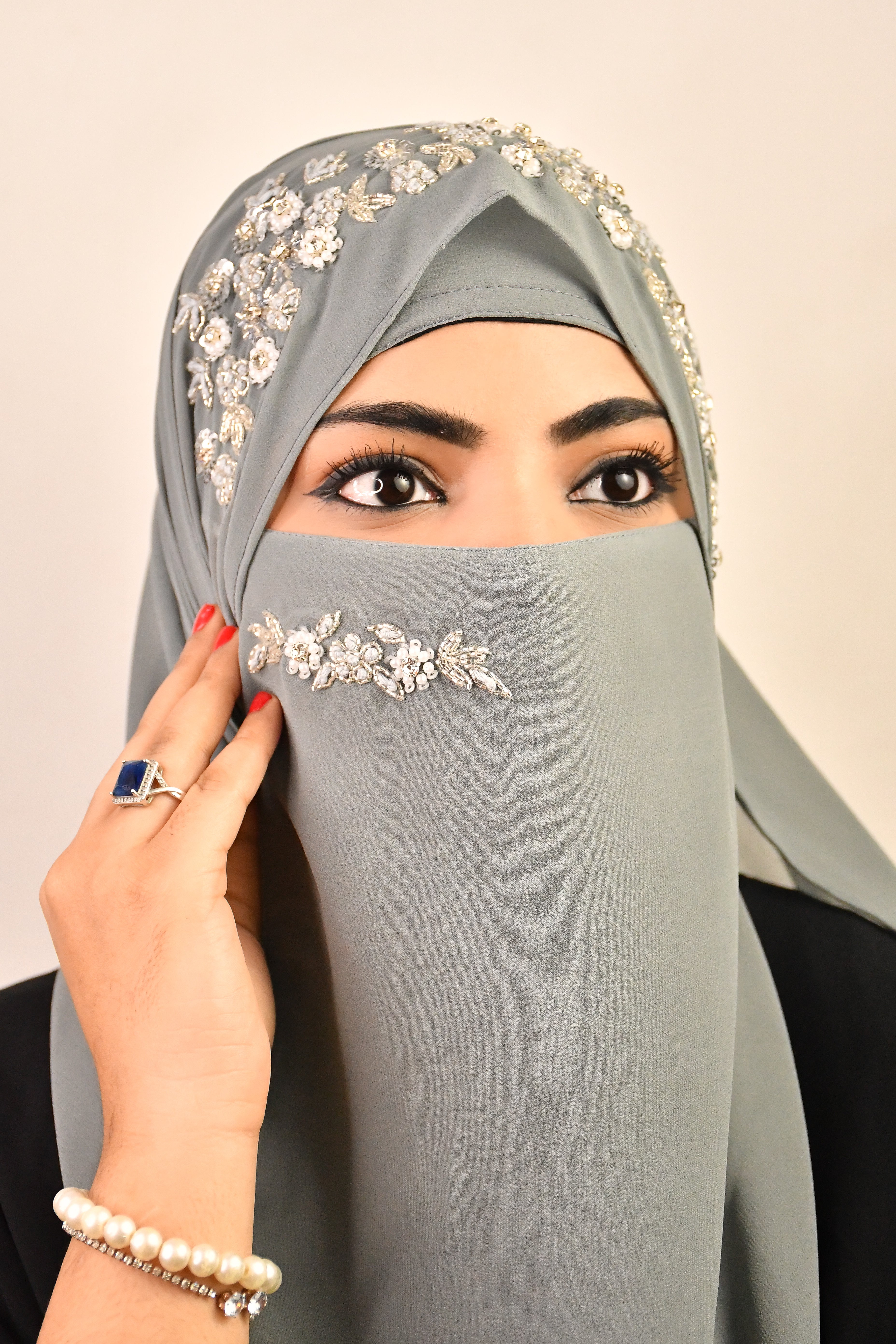 Party Wedding Silver Bridal Hijab With Naqab