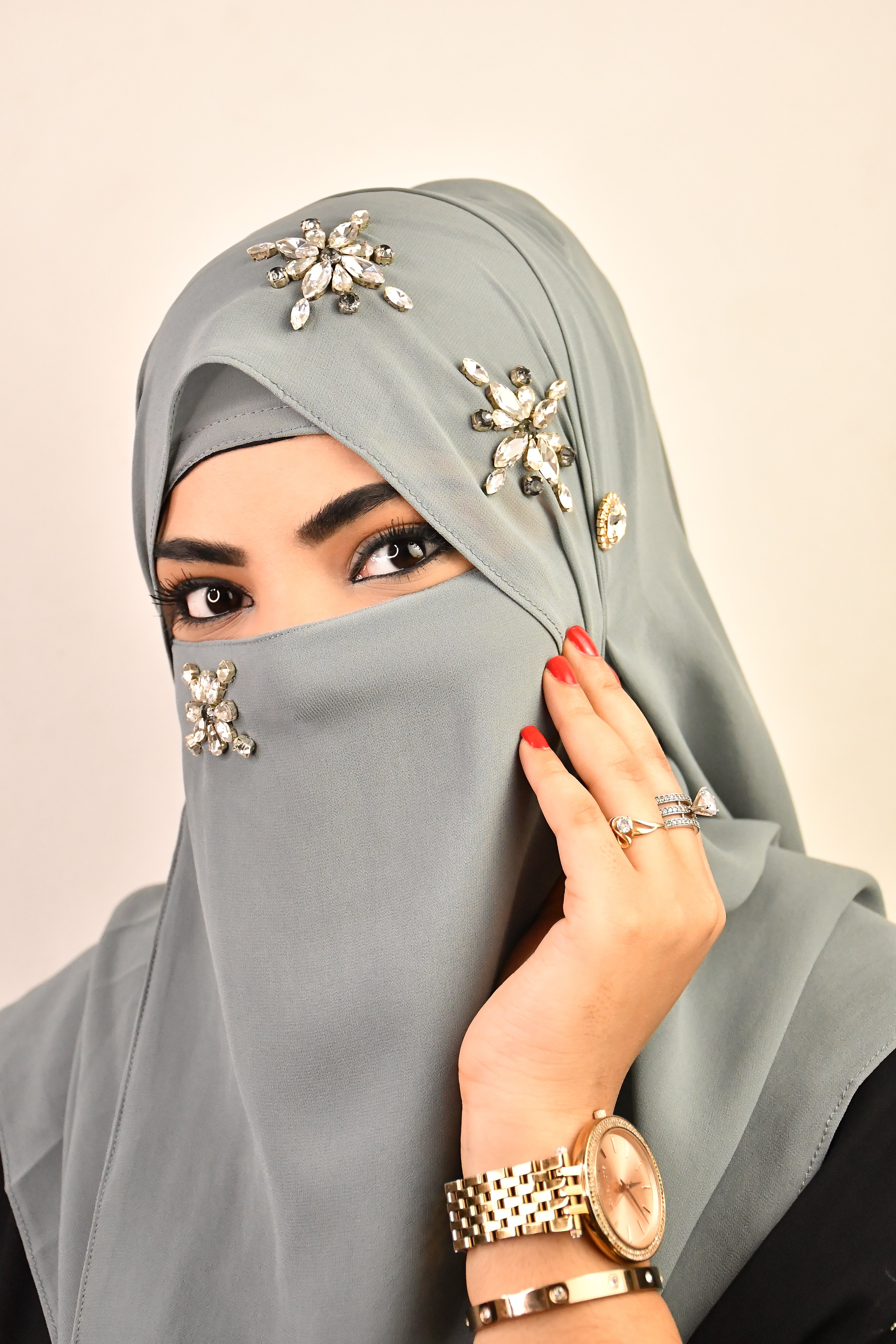 Diamond Studded  Premium Chiffon Party Wear Hijab With Naqab