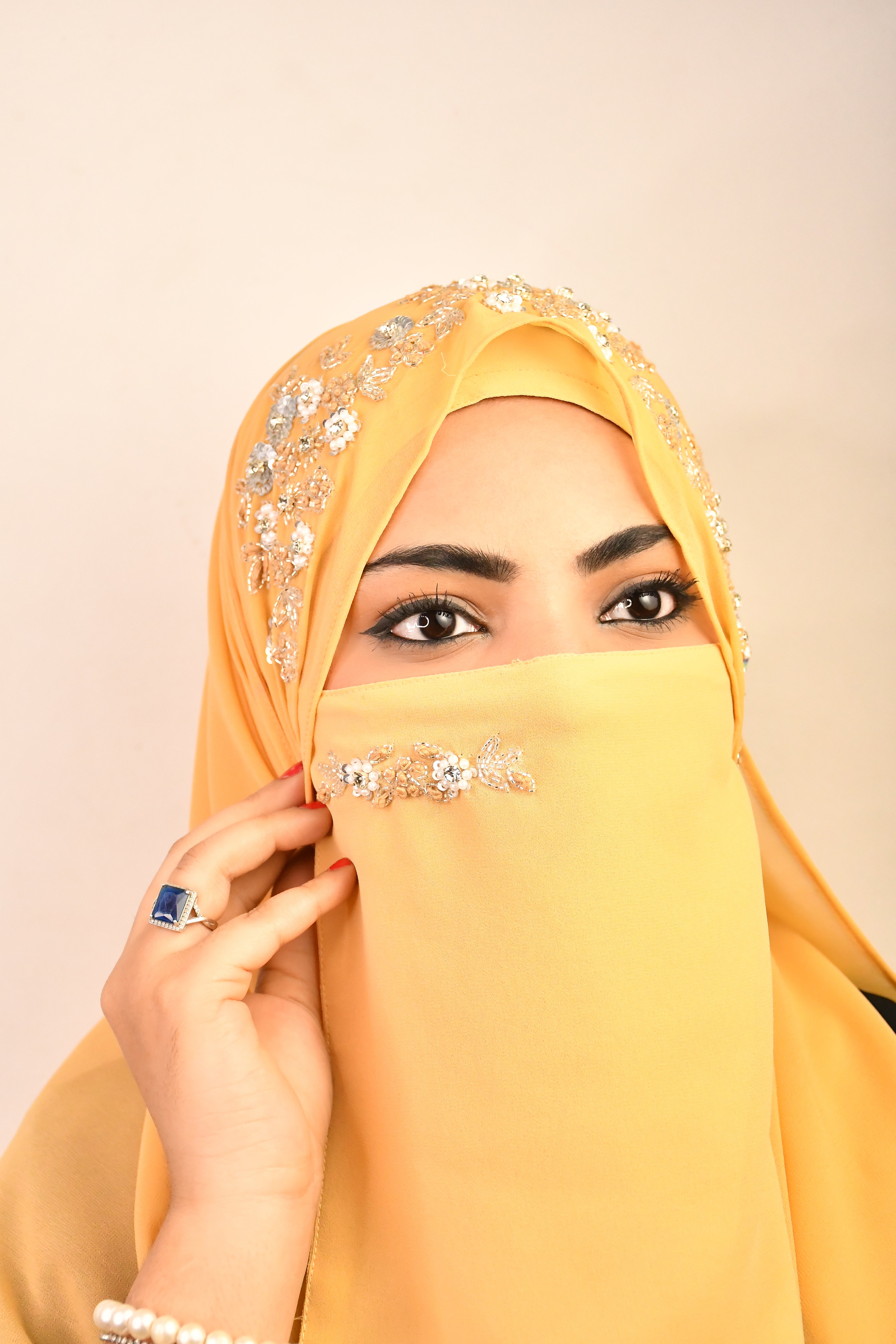 Golden premium handwork hijab with naqab bridal hijab premium hijab luxury quality 