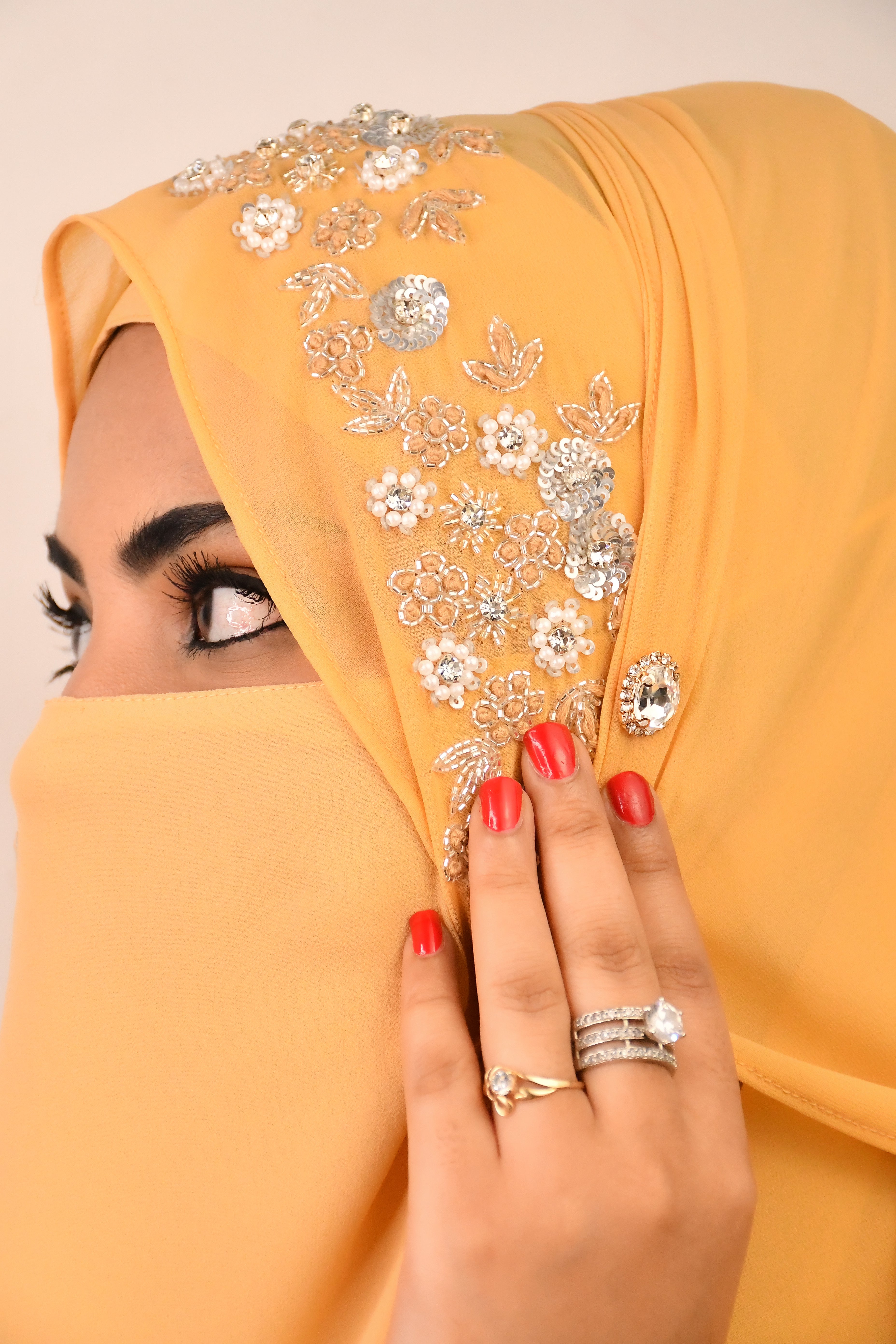 Golden handwork hijab for wedding and party 