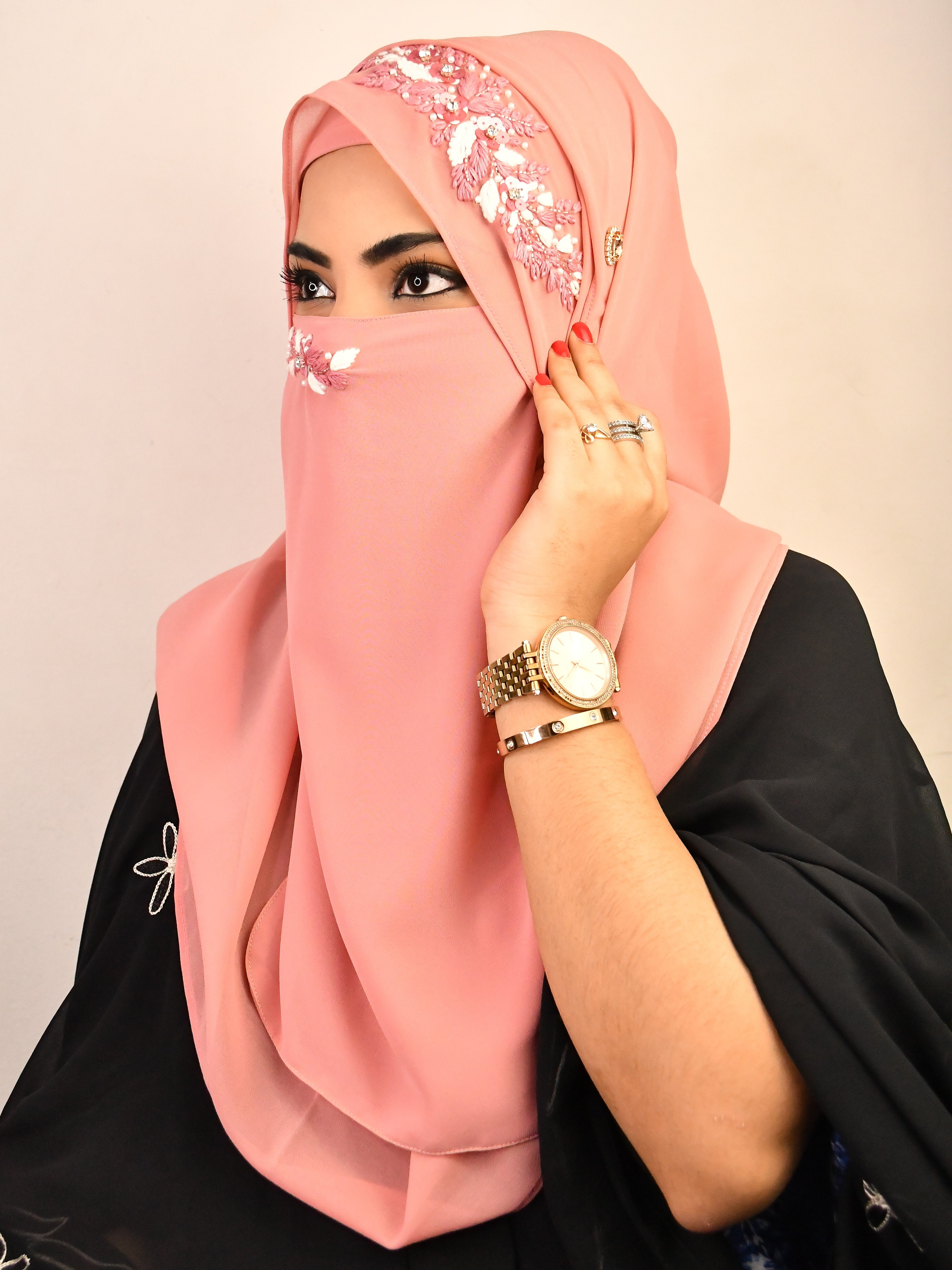 Beautiful Threadwork Wedding Premium Malaysian Chiffon Hijab With Naqab