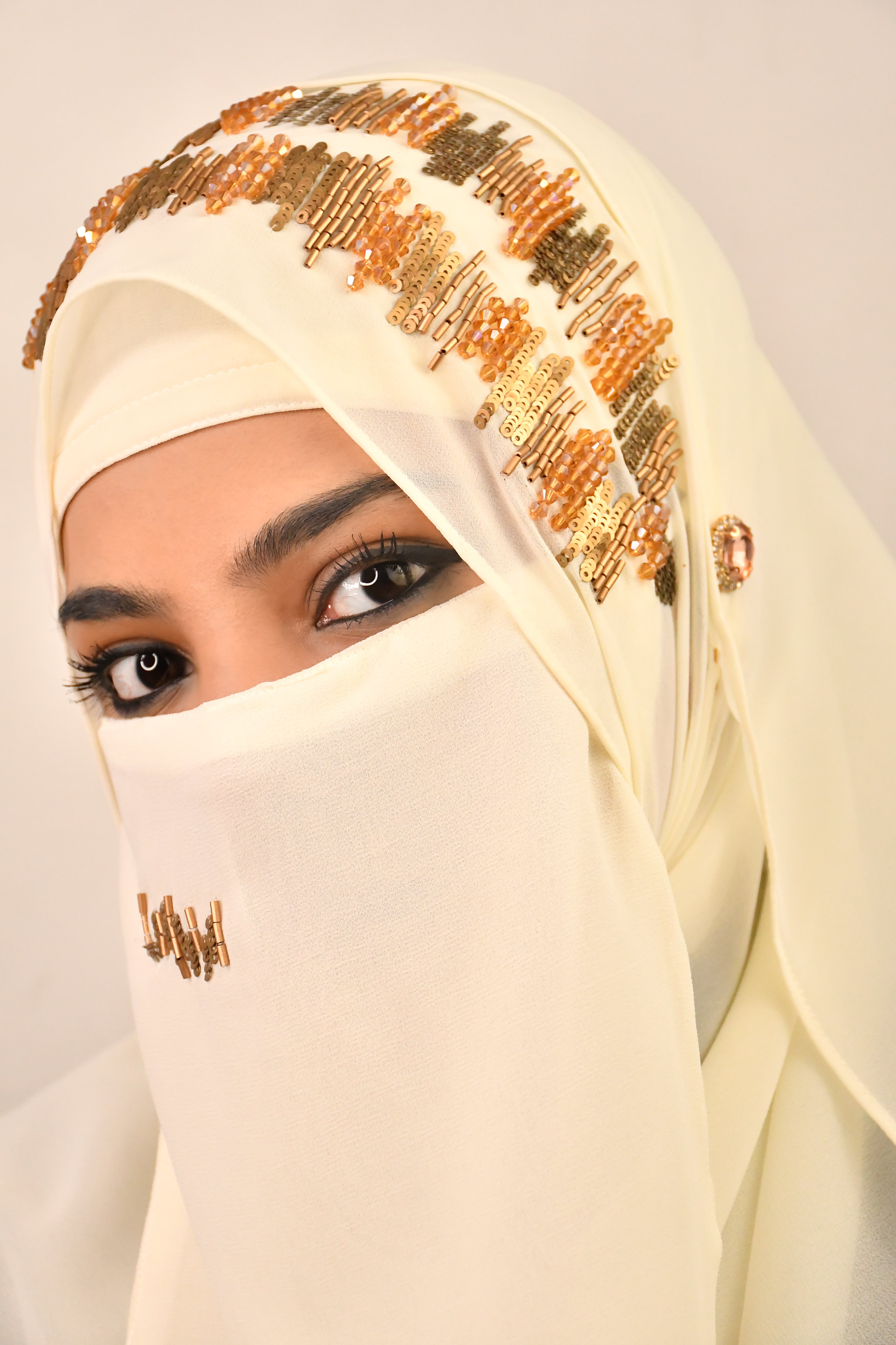 Golden Premium Detailed Handwork Hijab With Naqab