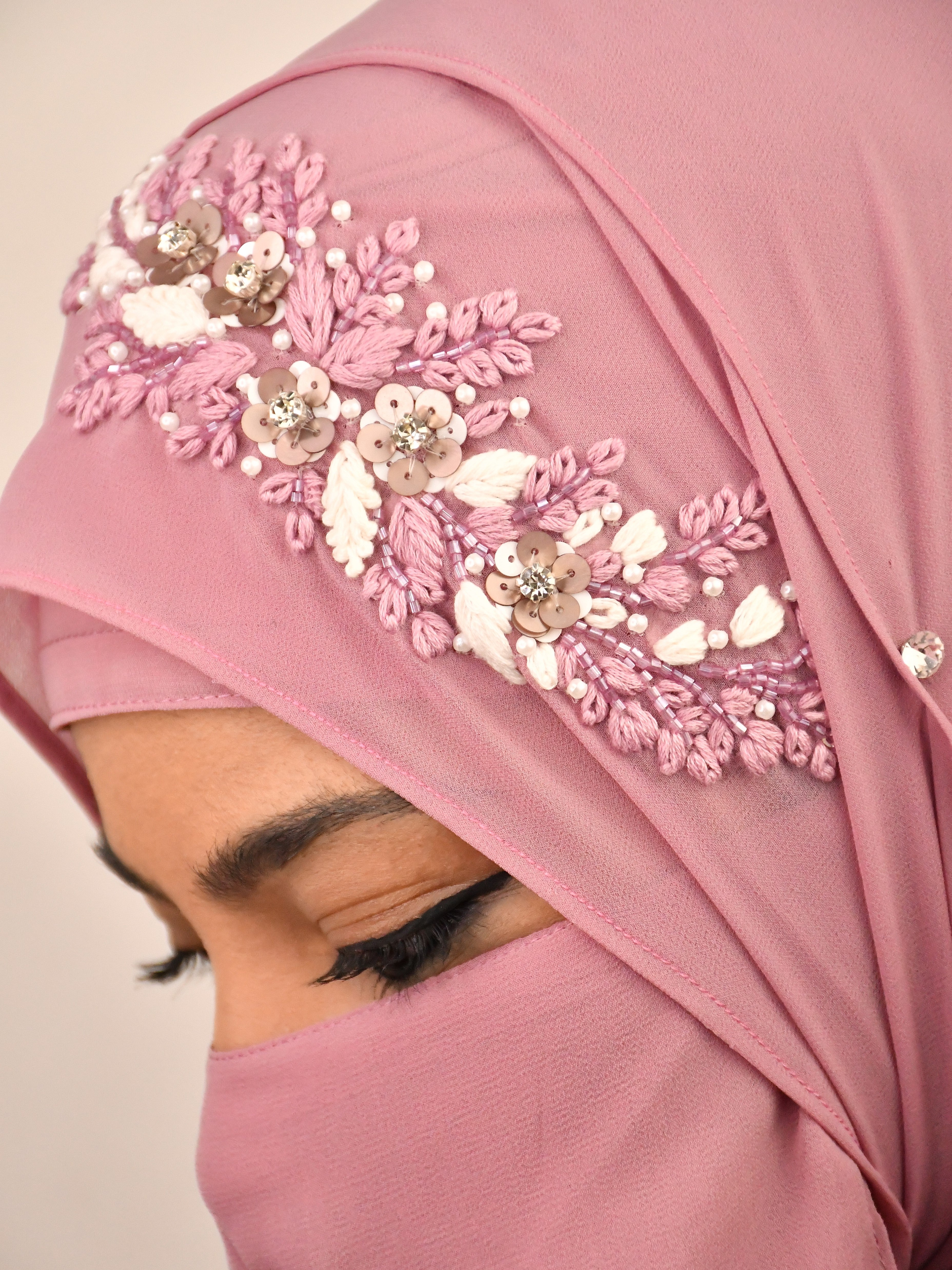 Beautiful Threadwork Wedding Premium Malaysian Chiffon Hijab With Naqab