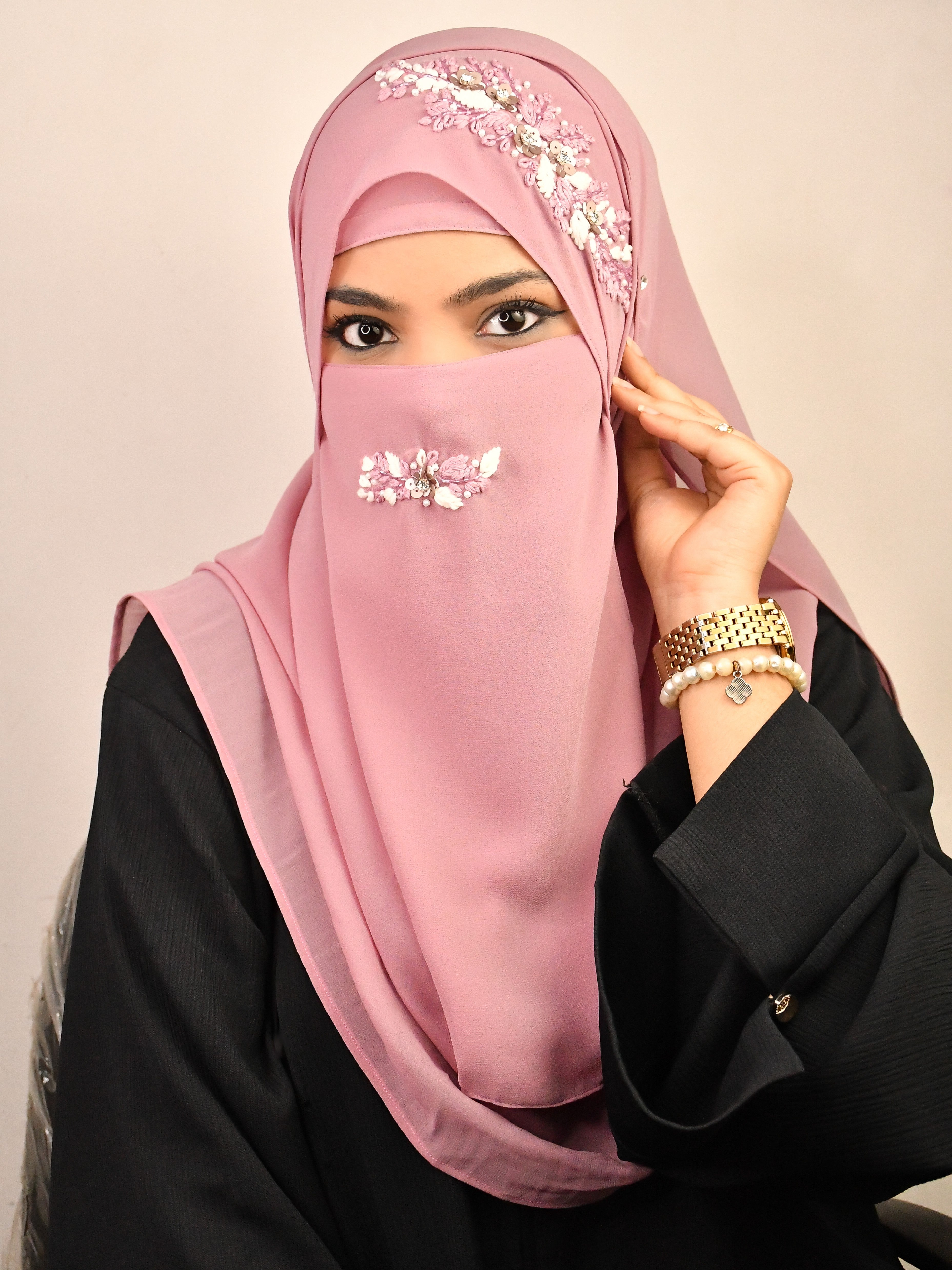 Beautiful Threadwork Wedding Premium Malaysian Chiffon Hijab With Naqab