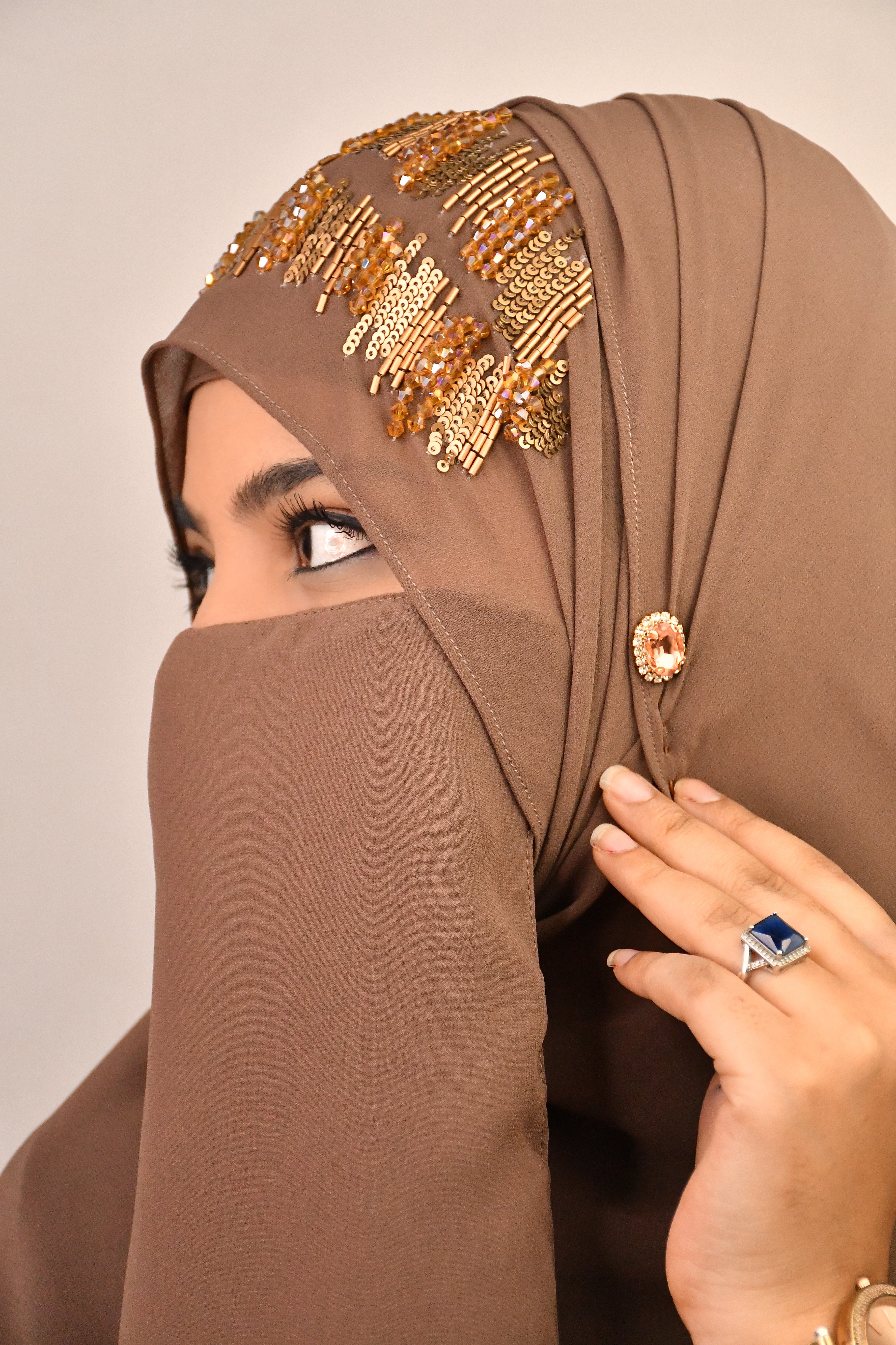 Golden Premium Detailed Handwork Hijab With Naqab