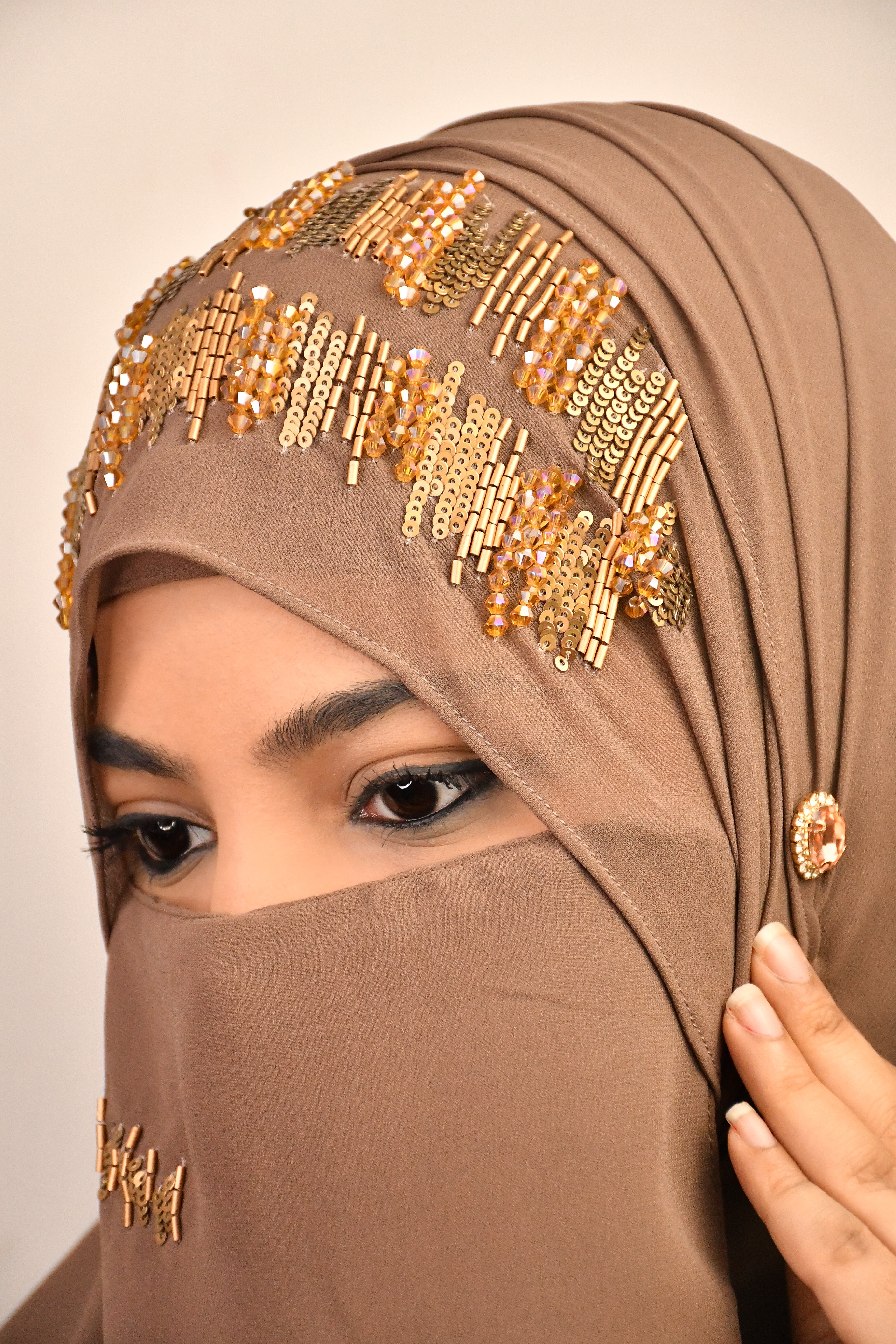 Golden Premium Detailed Handwork Hijab With Naqab