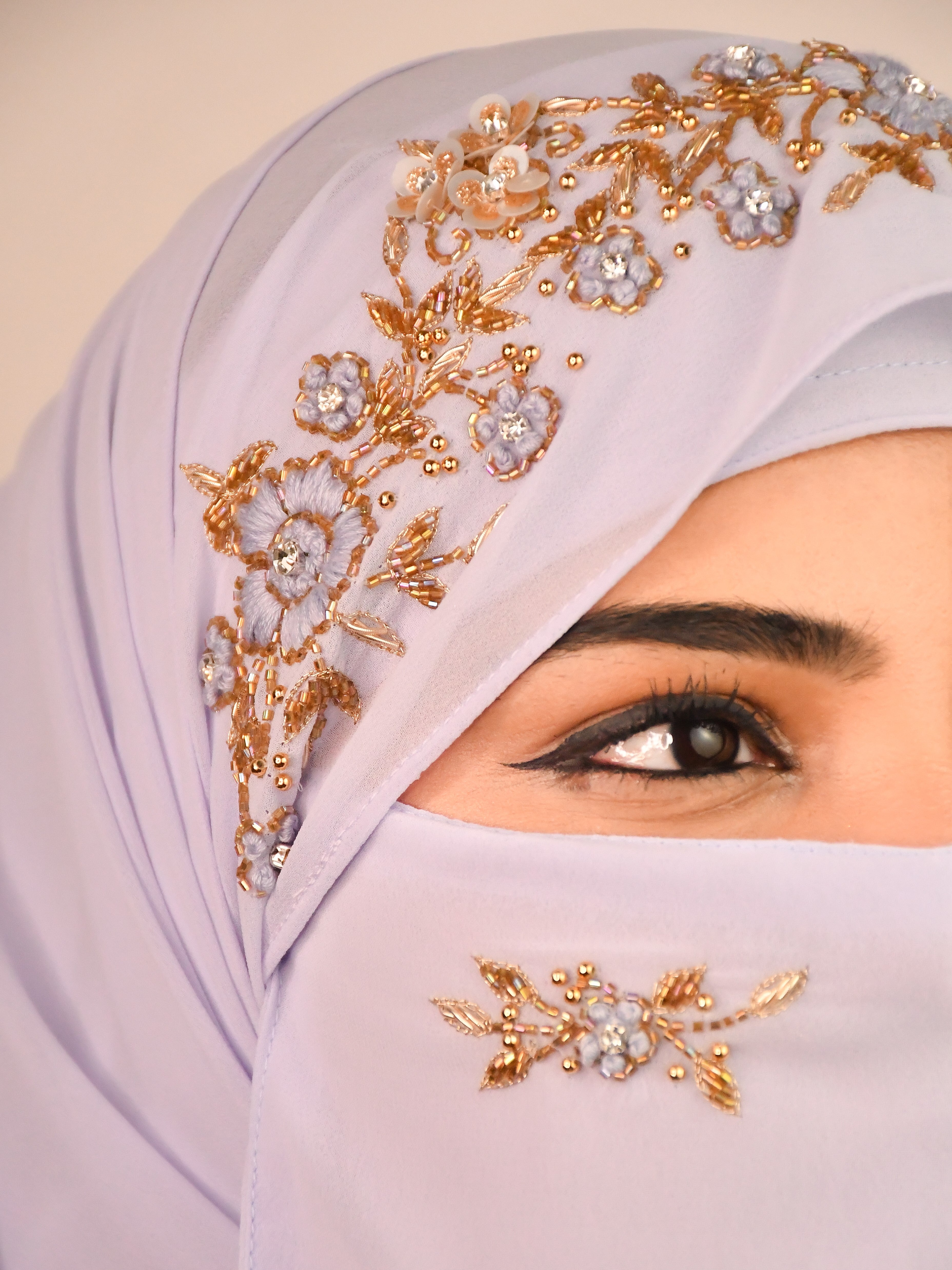 Lavender Handwork Wedding Bridal Hijab With Naqab - Main Image