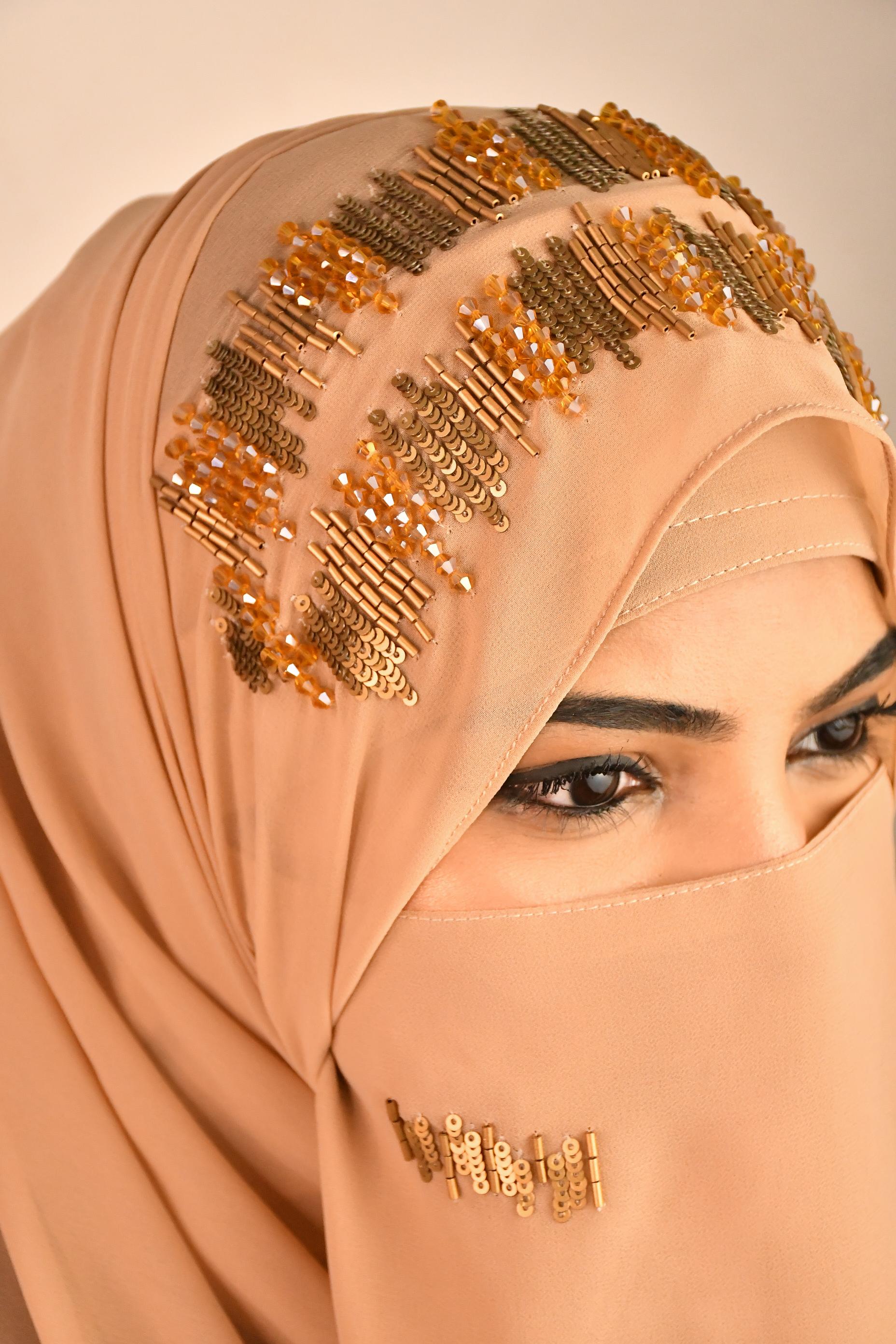 Golden Premium Detailed Handwork Hijab With Naqab