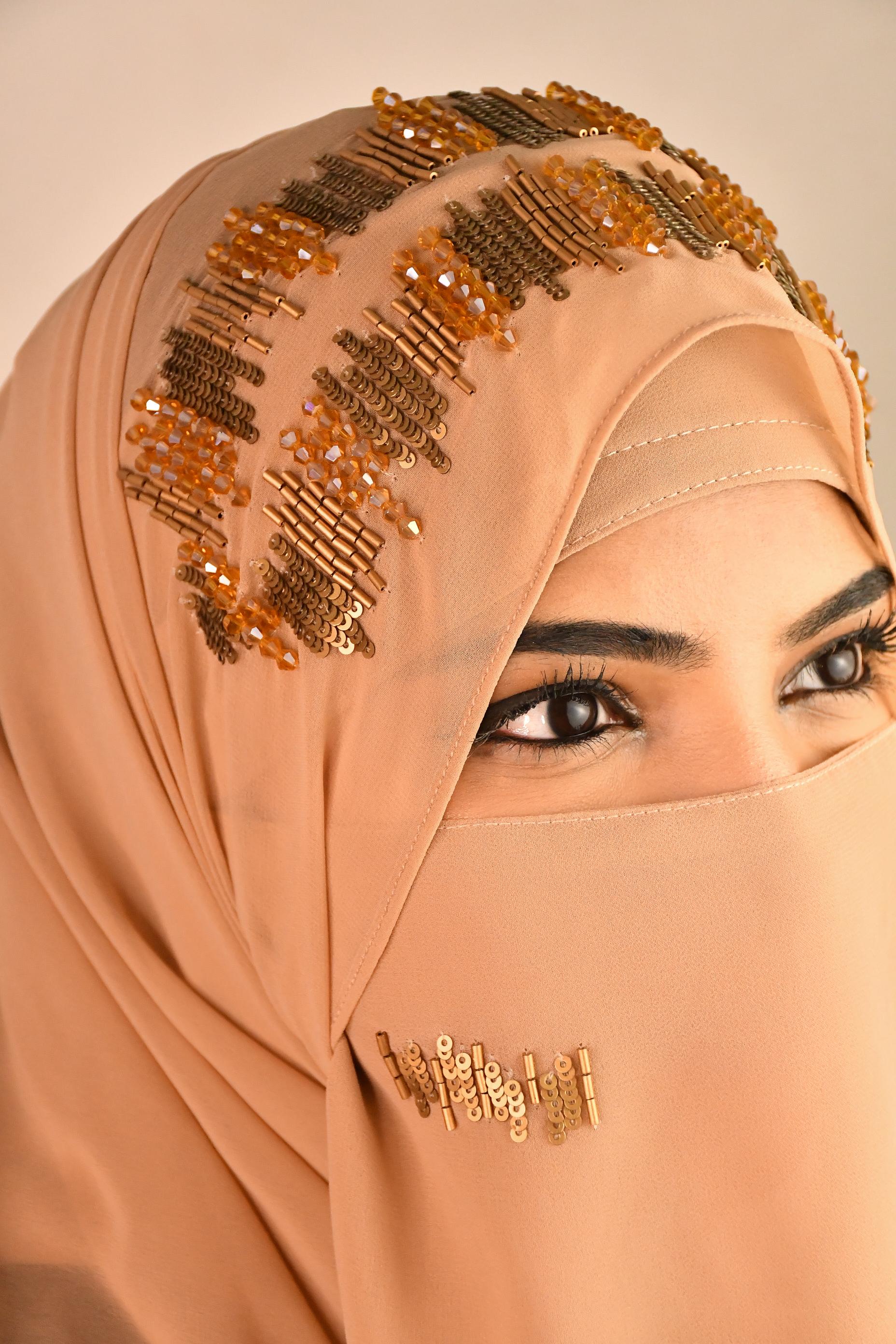 Golden Premium Detailed Handwork Hijab With Naqab