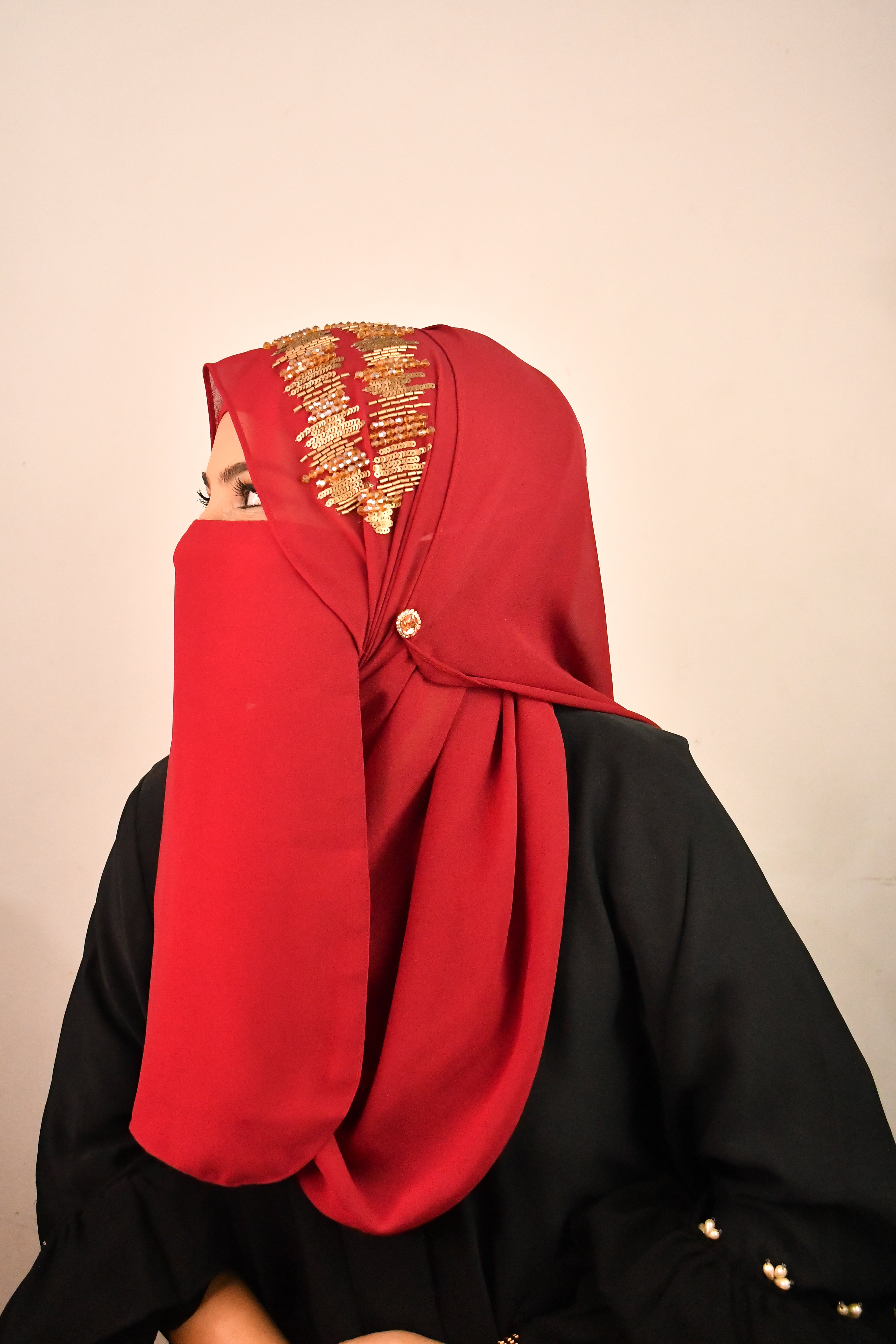 Golden Premium Detailed Handwork Hijab With Naqab