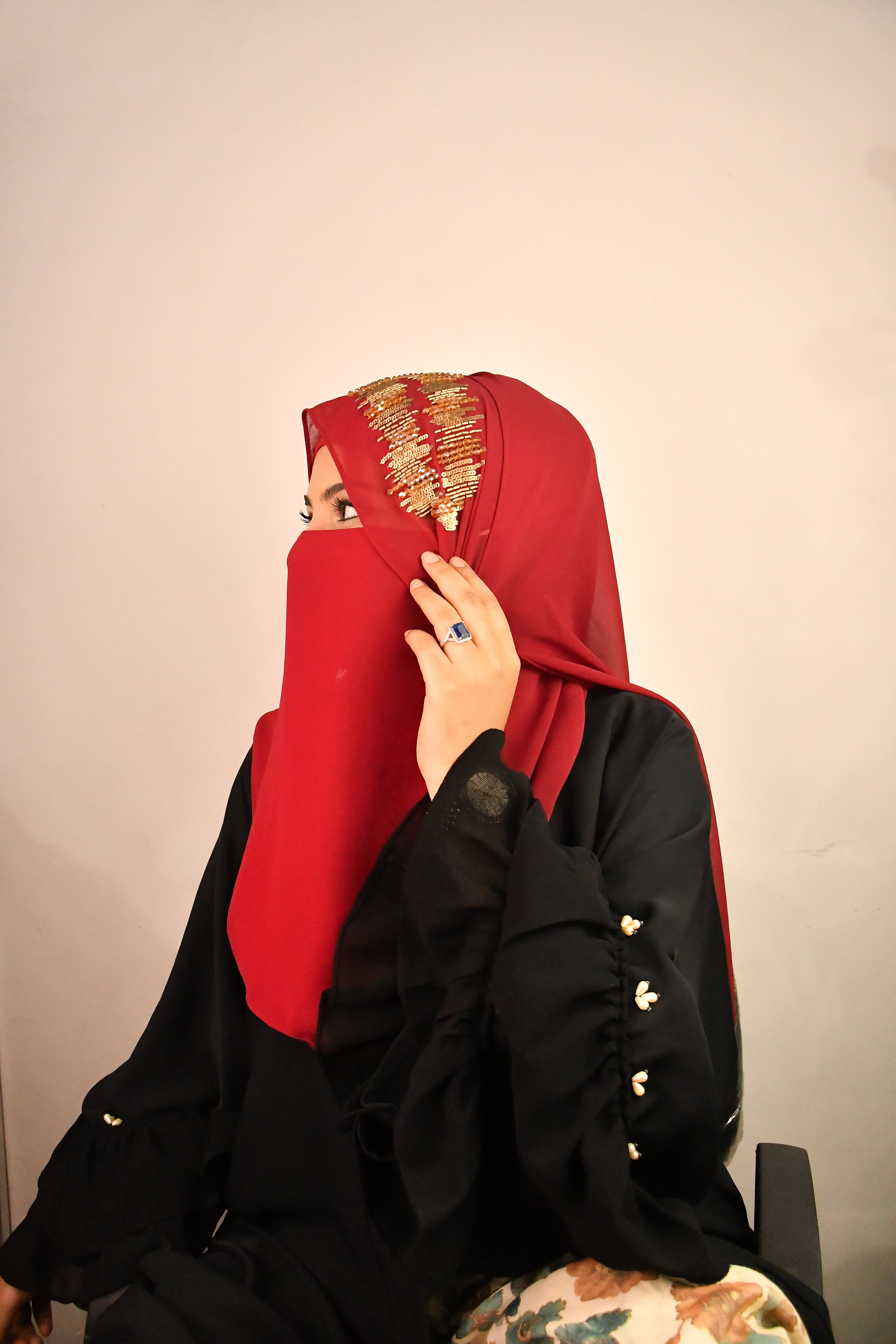 Golden Premium Detailed Handwork Hijab With Naqab