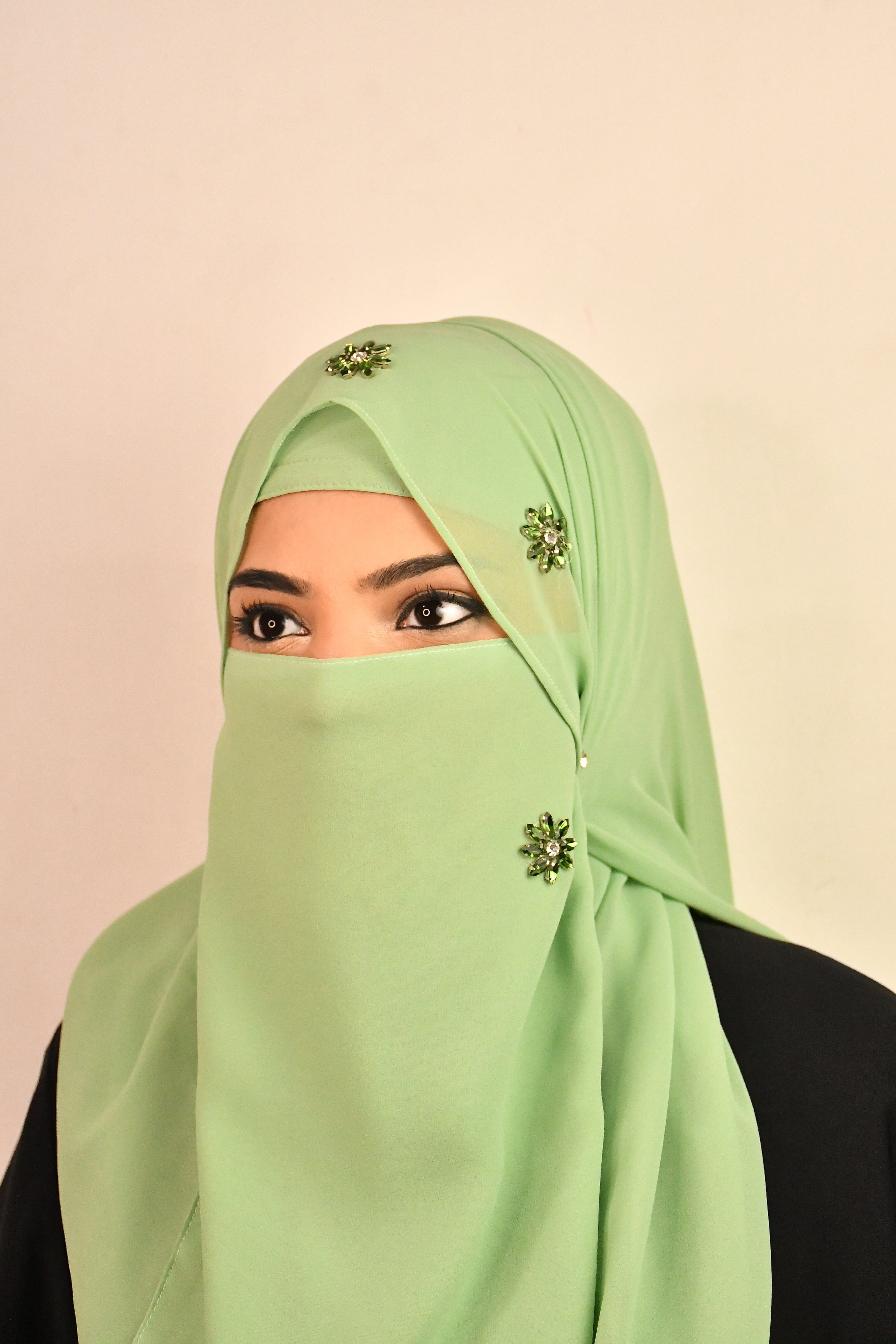 Diamond Studded Instant Ready To Wear Hijab With Attached Magnets And Naqabs