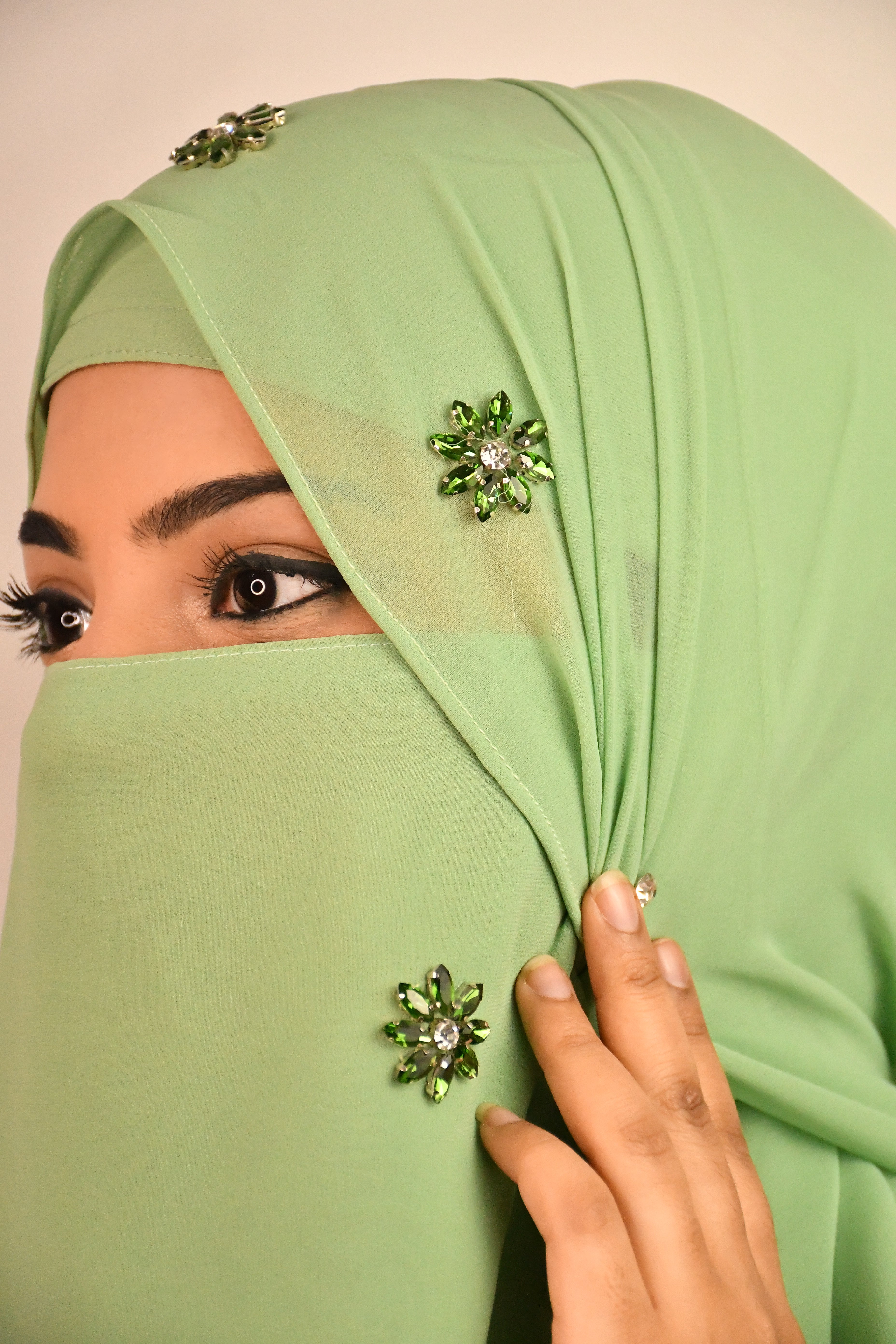 Diamond Studded Instant Ready To Wear Hijab With Attached Magnets And Naqabs