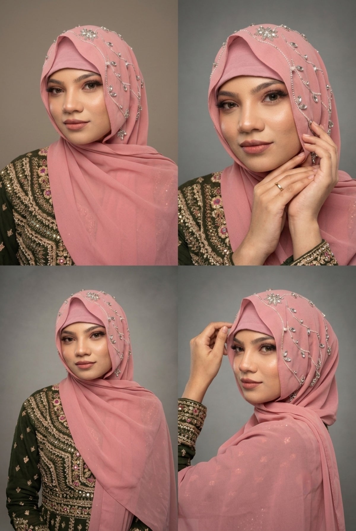 Salmon Pink Diamond Premium Handwork Taj Hijab (SIZE 180 cm x 70 cm)
