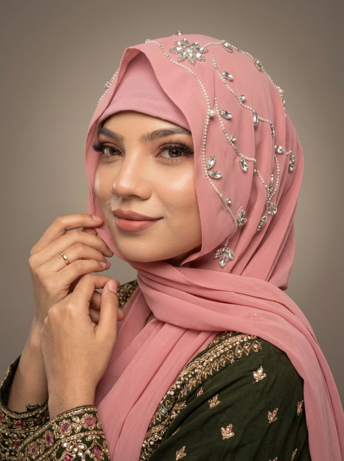Salmon Pink Diamond Premium Handwork Taj Hijab (SIZE 180 cm x 70 cm)