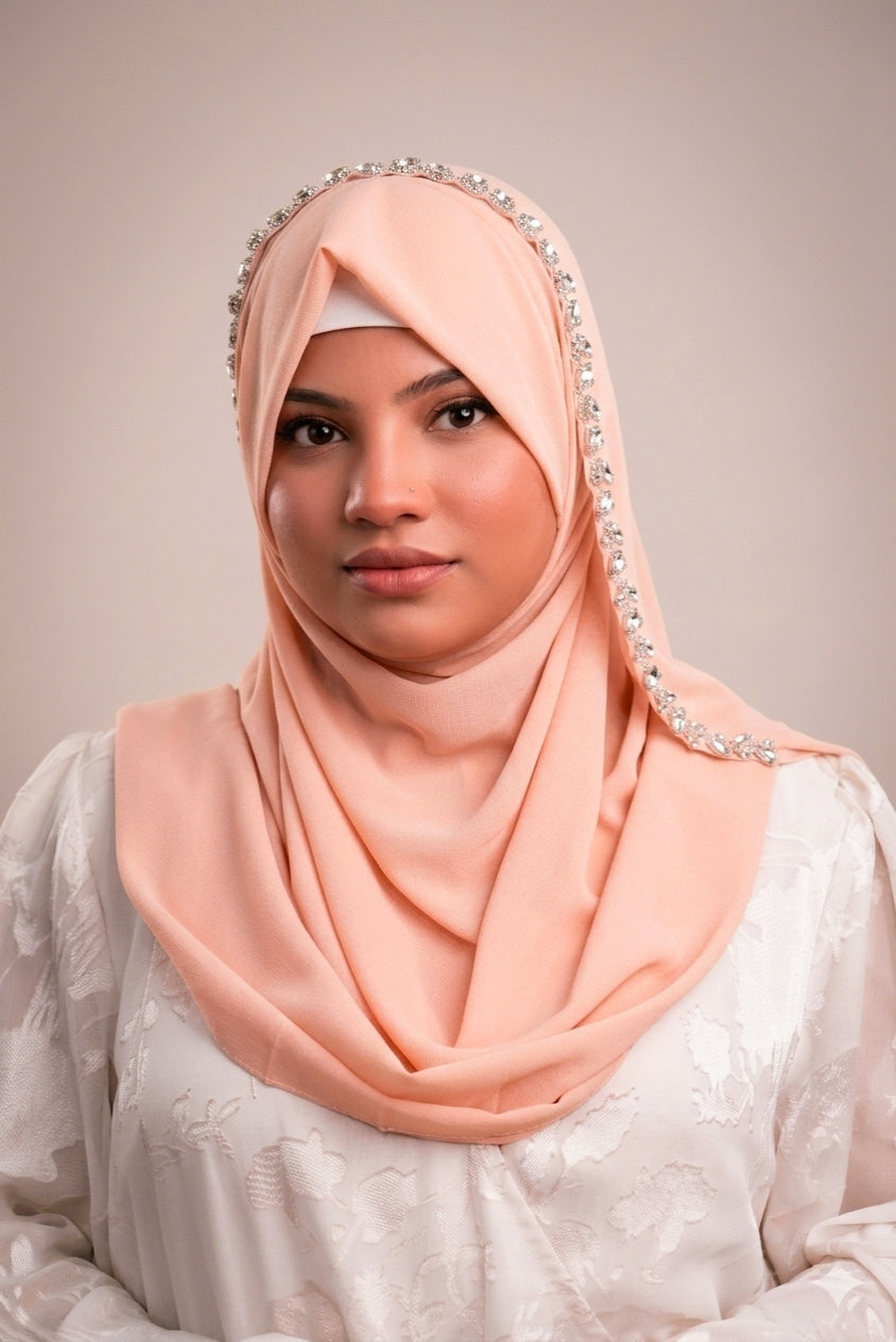 Light Peach Ready To Wear/ Makhni Style Luxury Premium Handwork Hijab