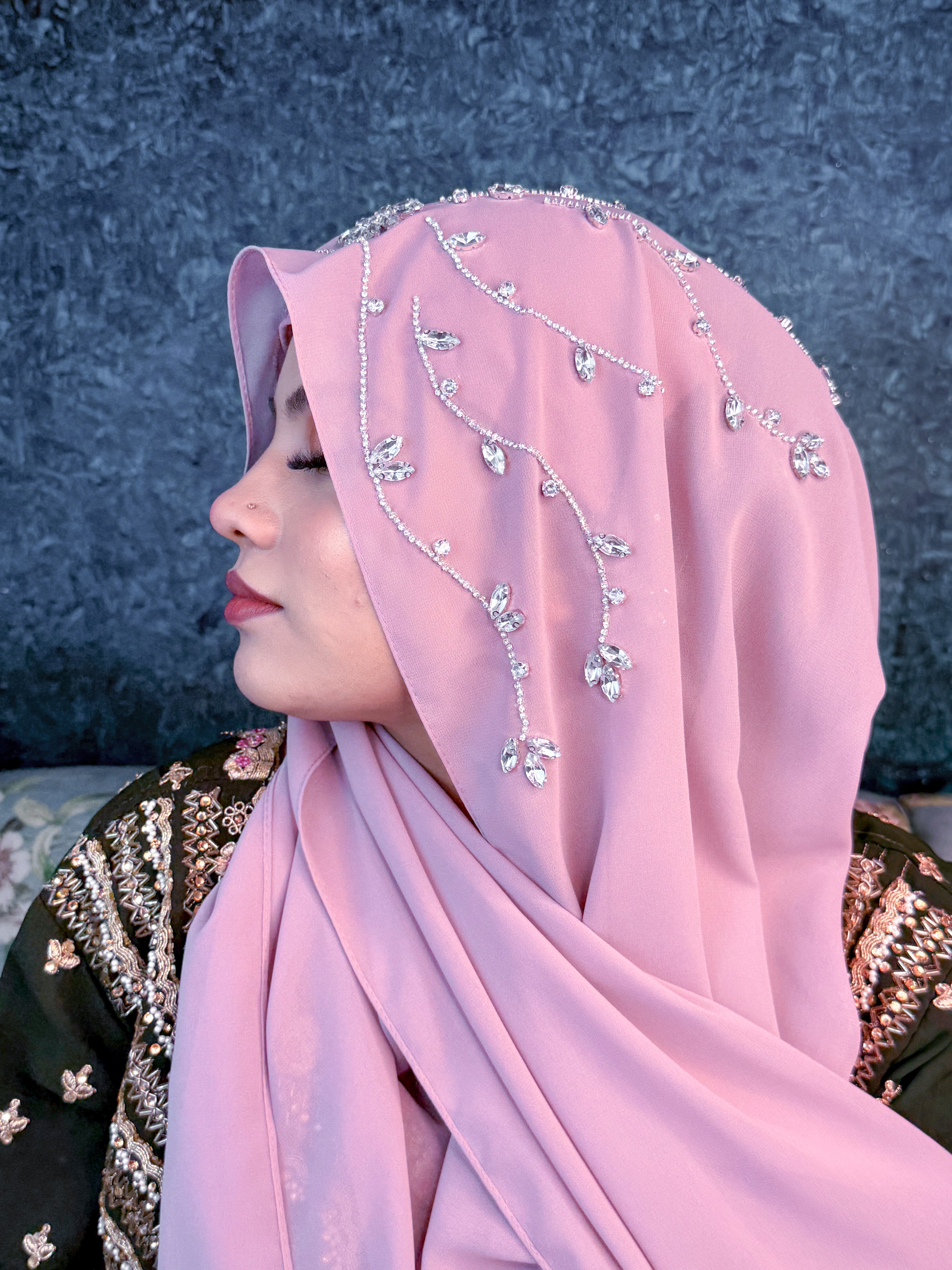 Dusty Pink Diamond Premium Handwork Taj Hijab (SIZE 180 cm x 70 cm)