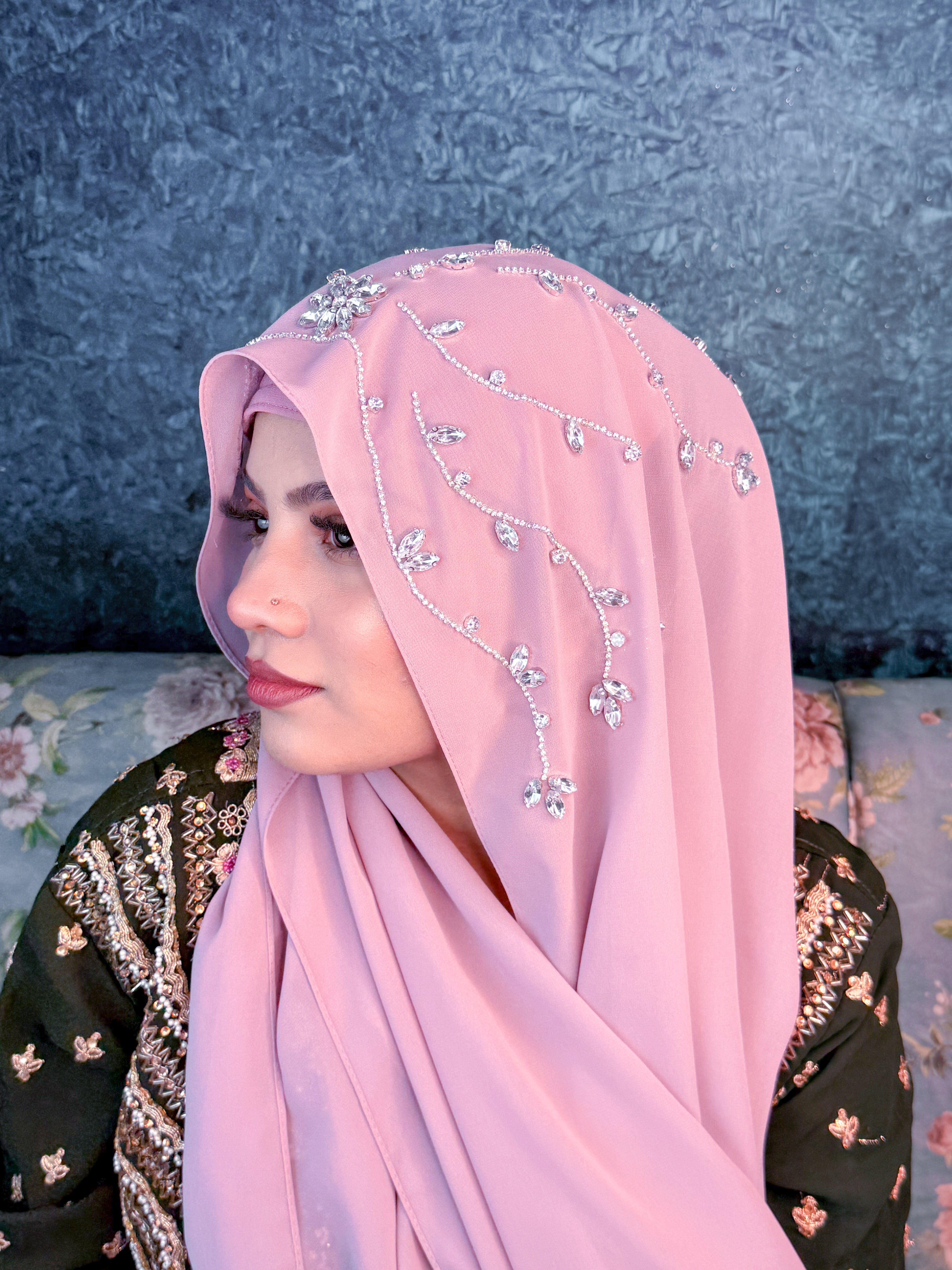 Dusty Pink Diamond Premium Handwork Taj Hijab (SIZE 180 cm x 70 cm)
