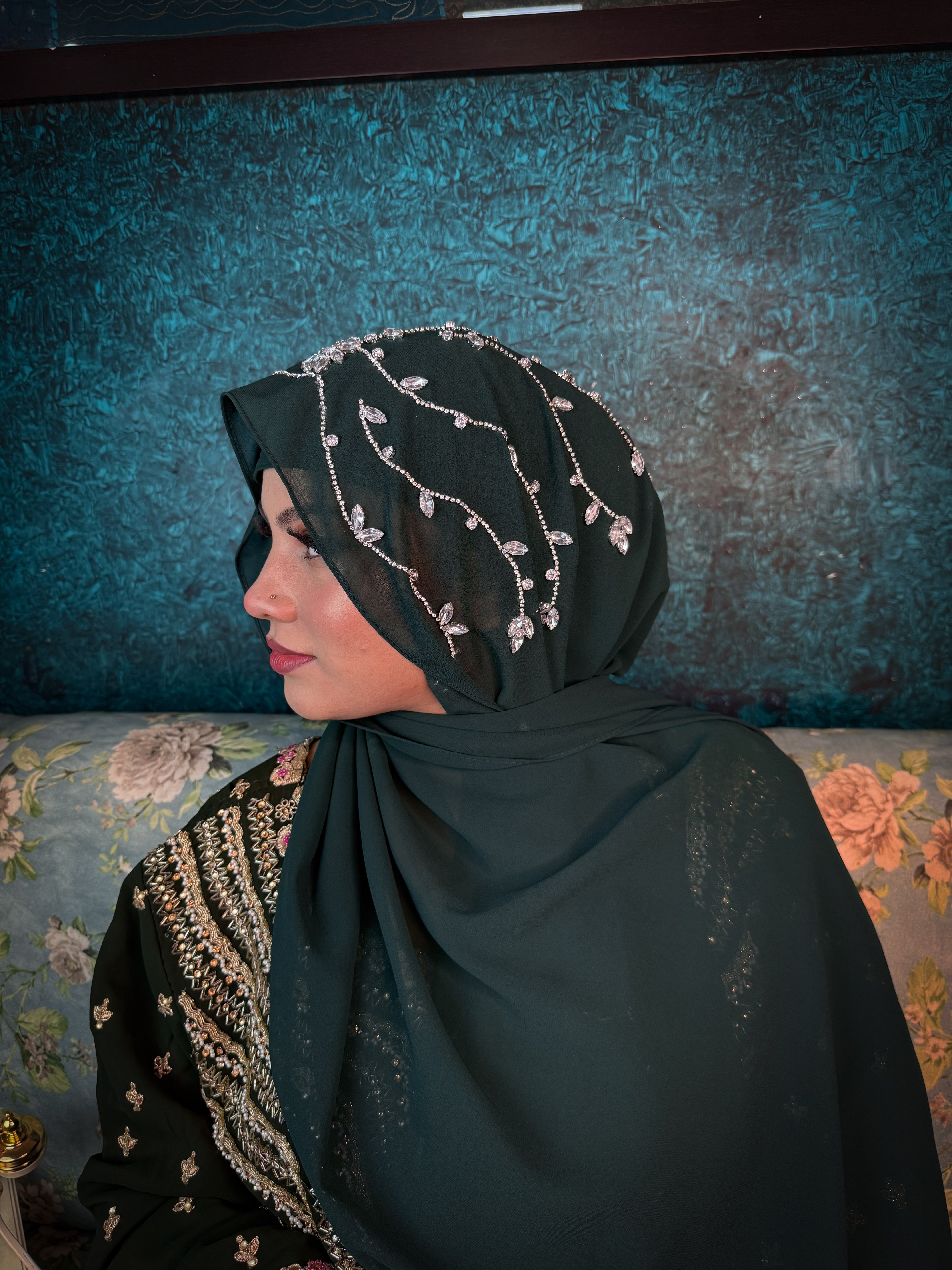 Olive Green Diamond Premium Handwork Taj Hijab (SIZE 180 cm x 70 cm)