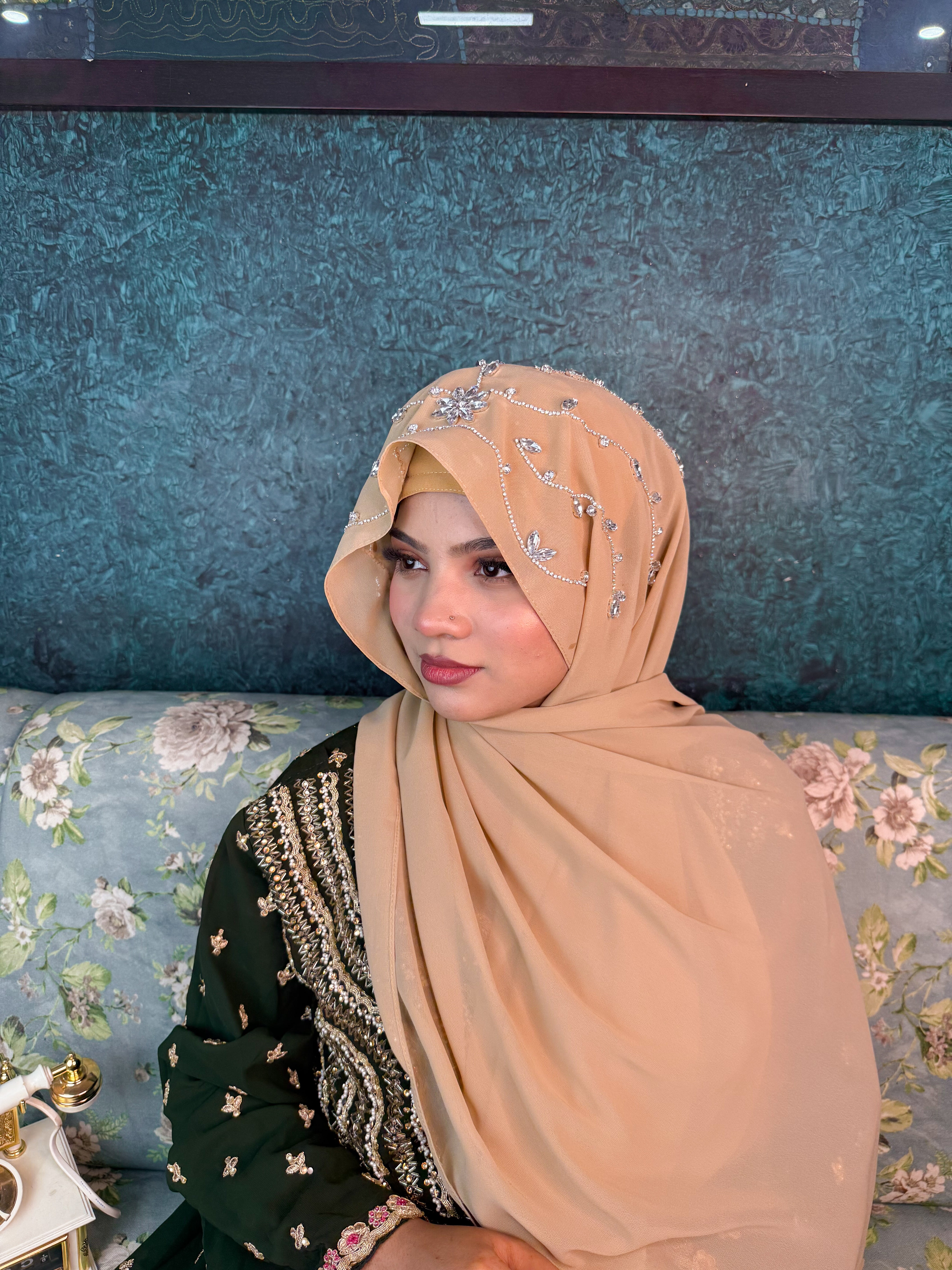Beige Diamond Premium Handwork Taj Hijab (SIZE 180 cm x 70 cm)