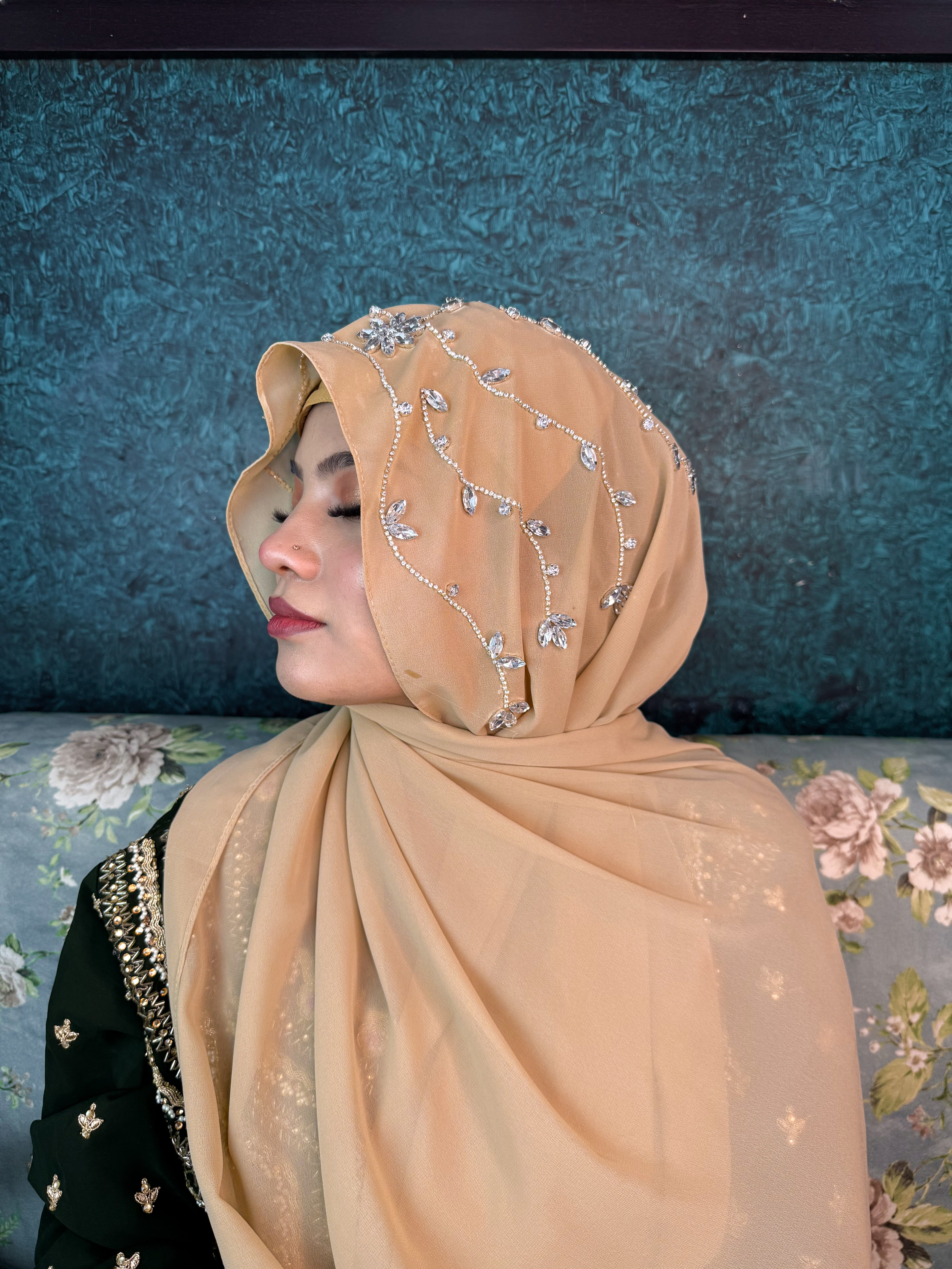 Beige Diamond Premium Handwork Taj Hijab (SIZE 180 cm x 70 cm)