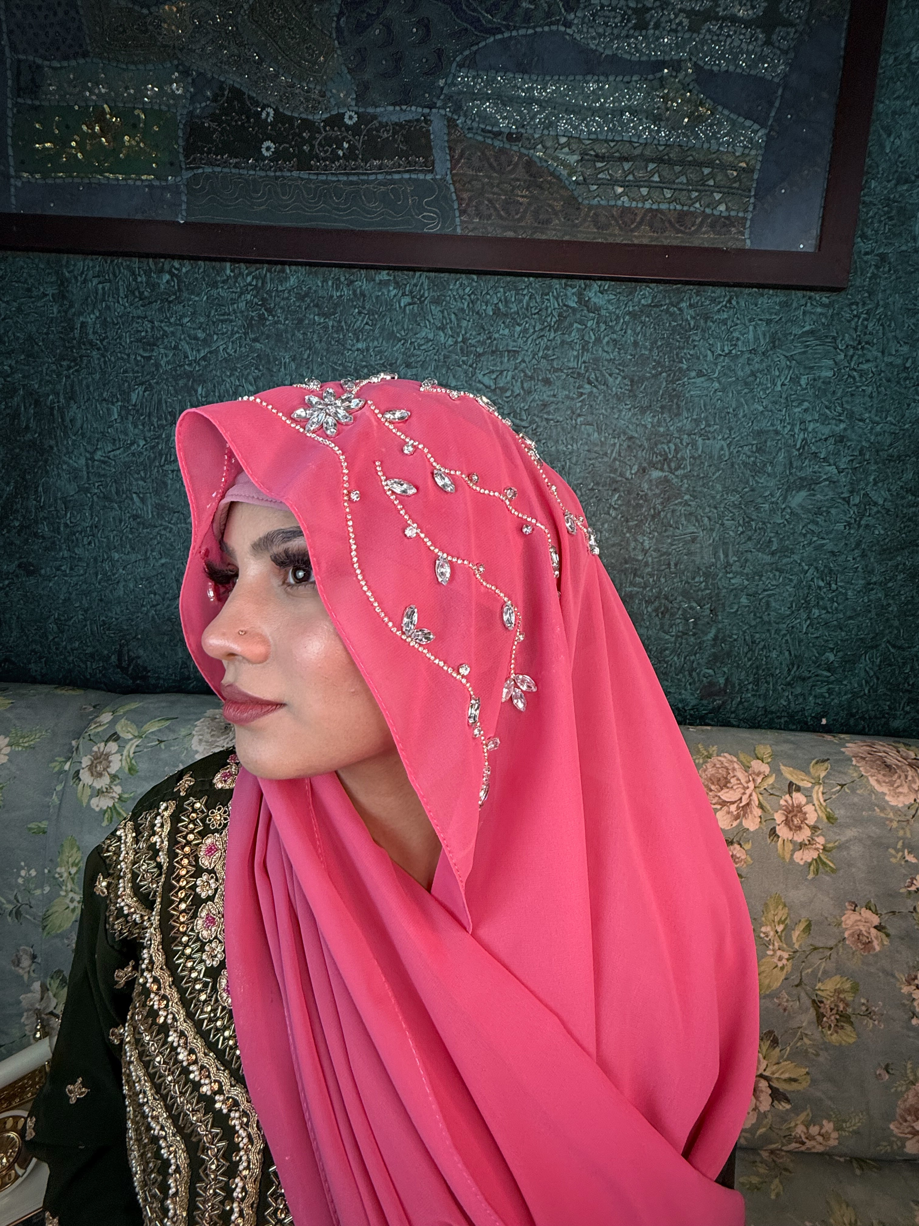 Hot Pink Diamond Premium Handwork Taj Hijab (SIZE 180 cm x 70 cm)