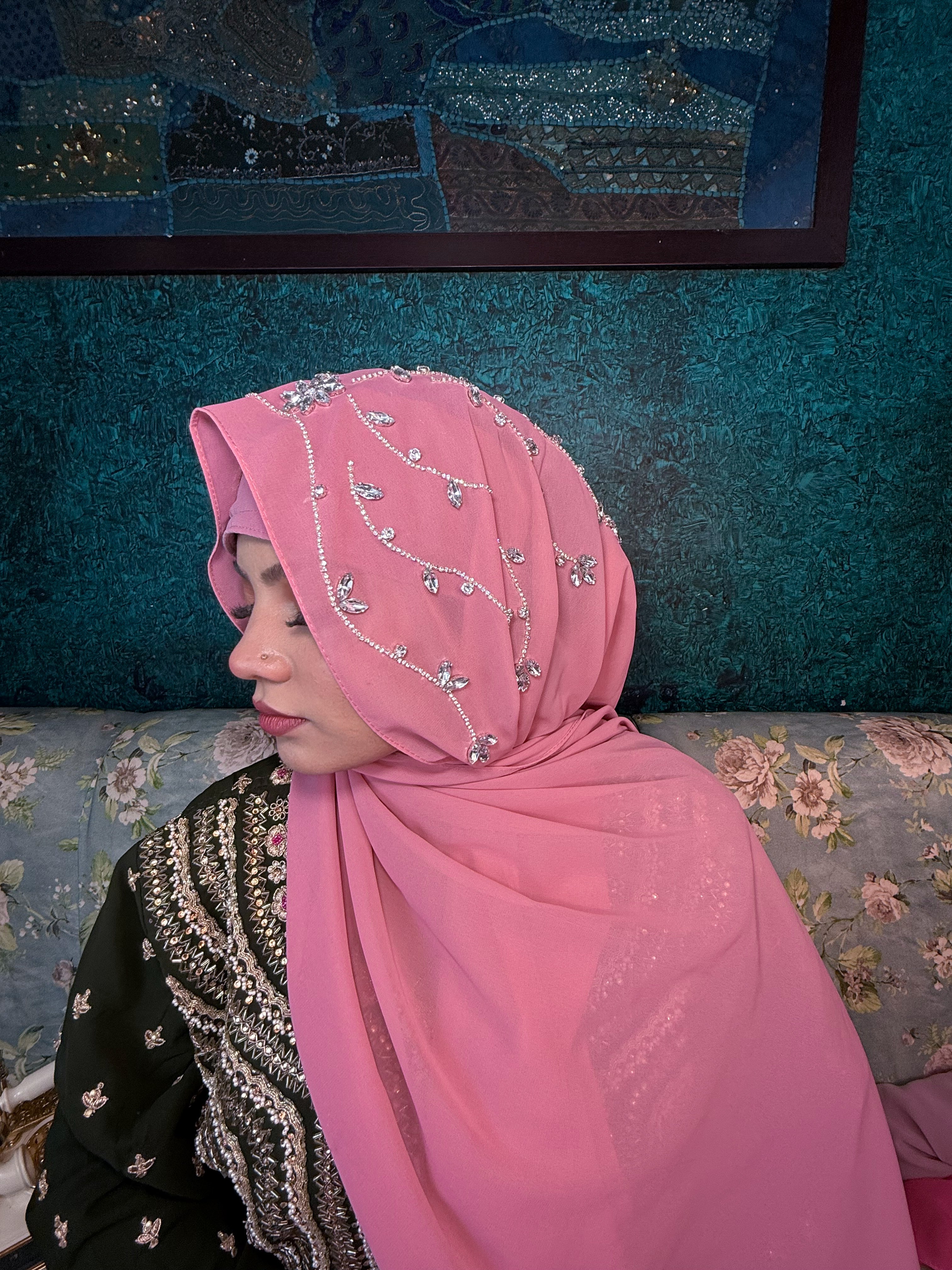 Salmon Pink Diamond Premium Handwork Taj Hijab (SIZE 180 cm x 70 cm)