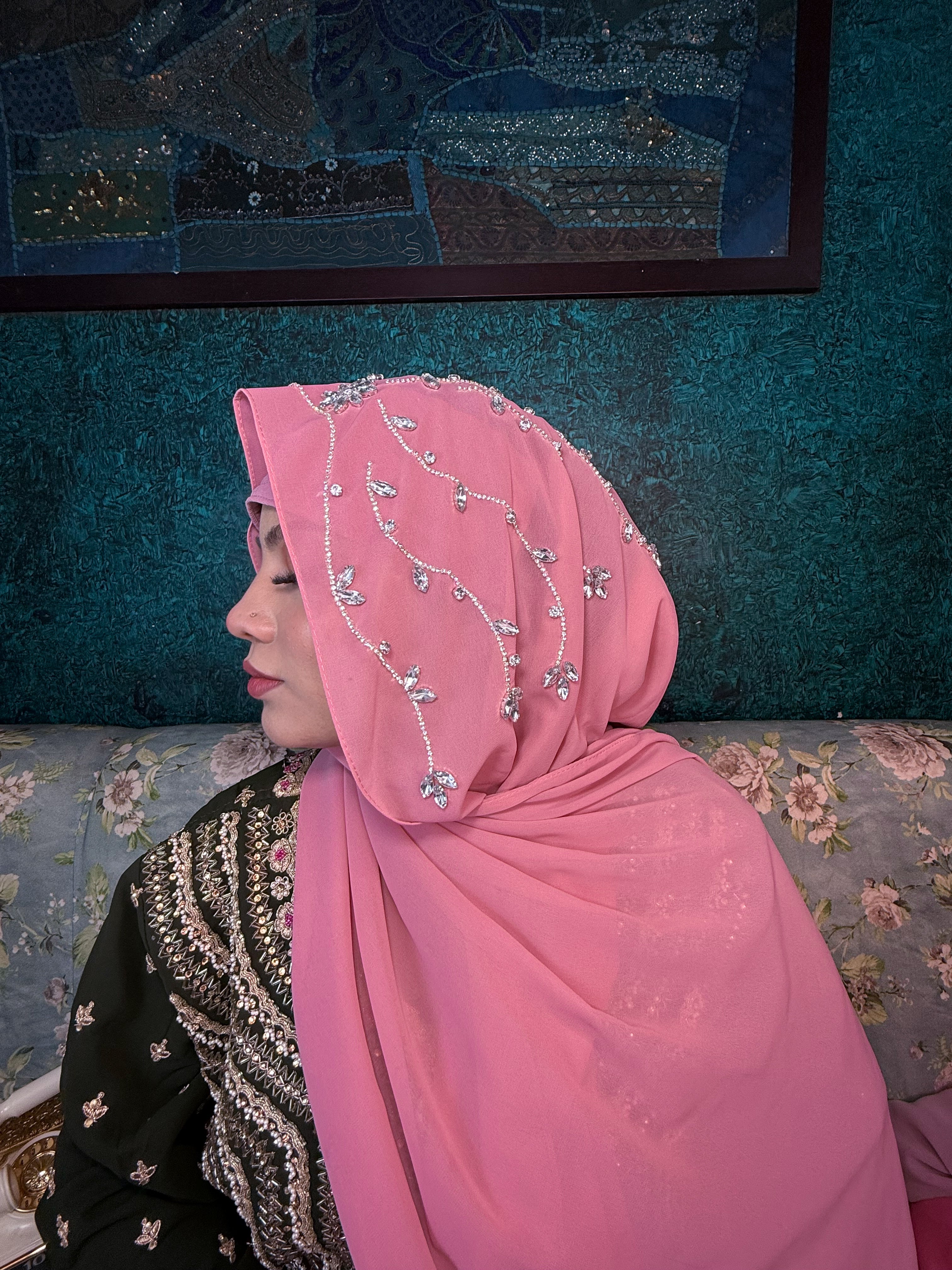 Salmon Pink Diamond Premium Handwork Taj Hijab (SIZE 180 cm x 70 cm)