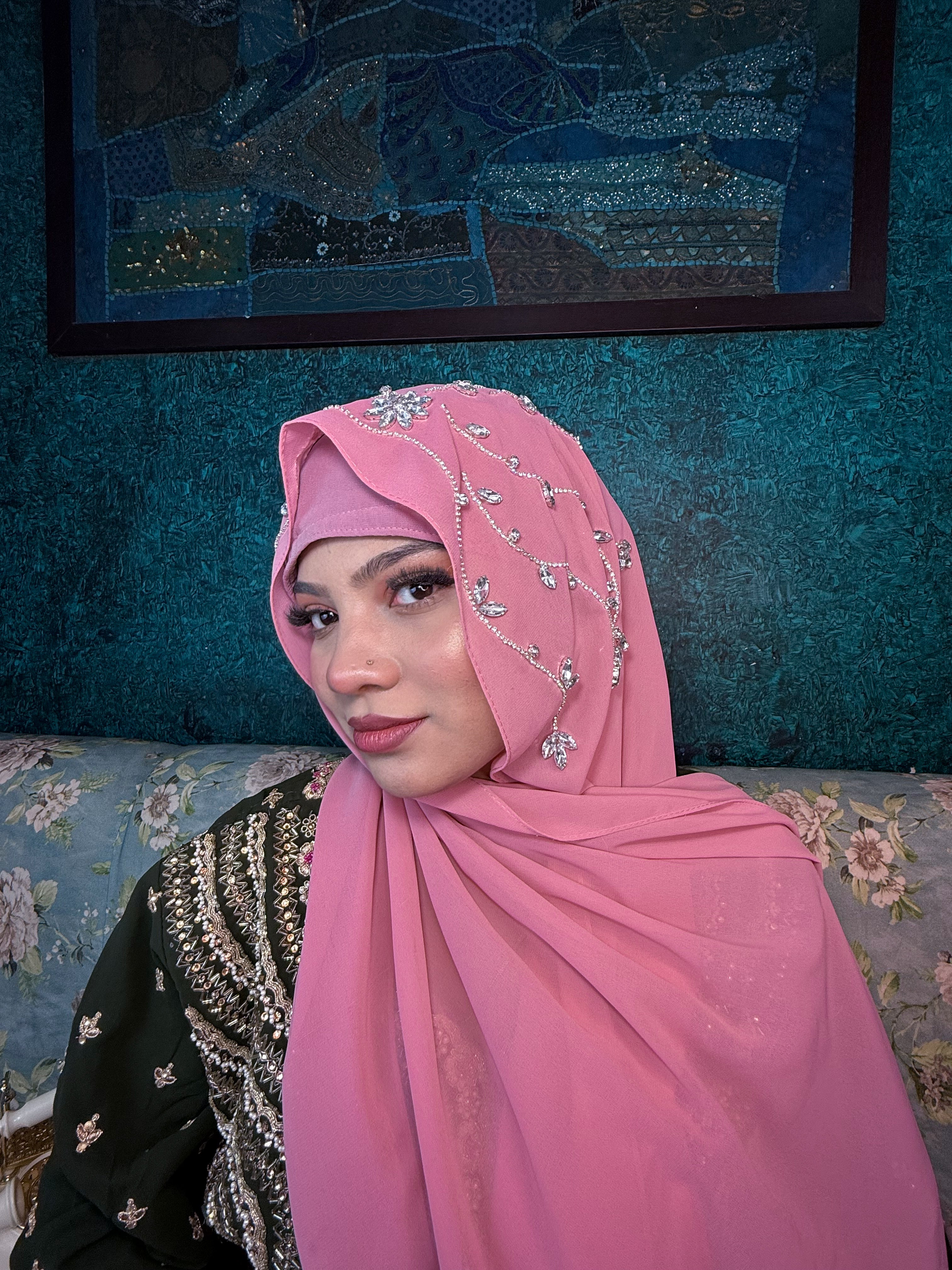 Salmon Pink Diamond Premium Handwork Taj Hijab (SIZE 180 cm x 70 cm)