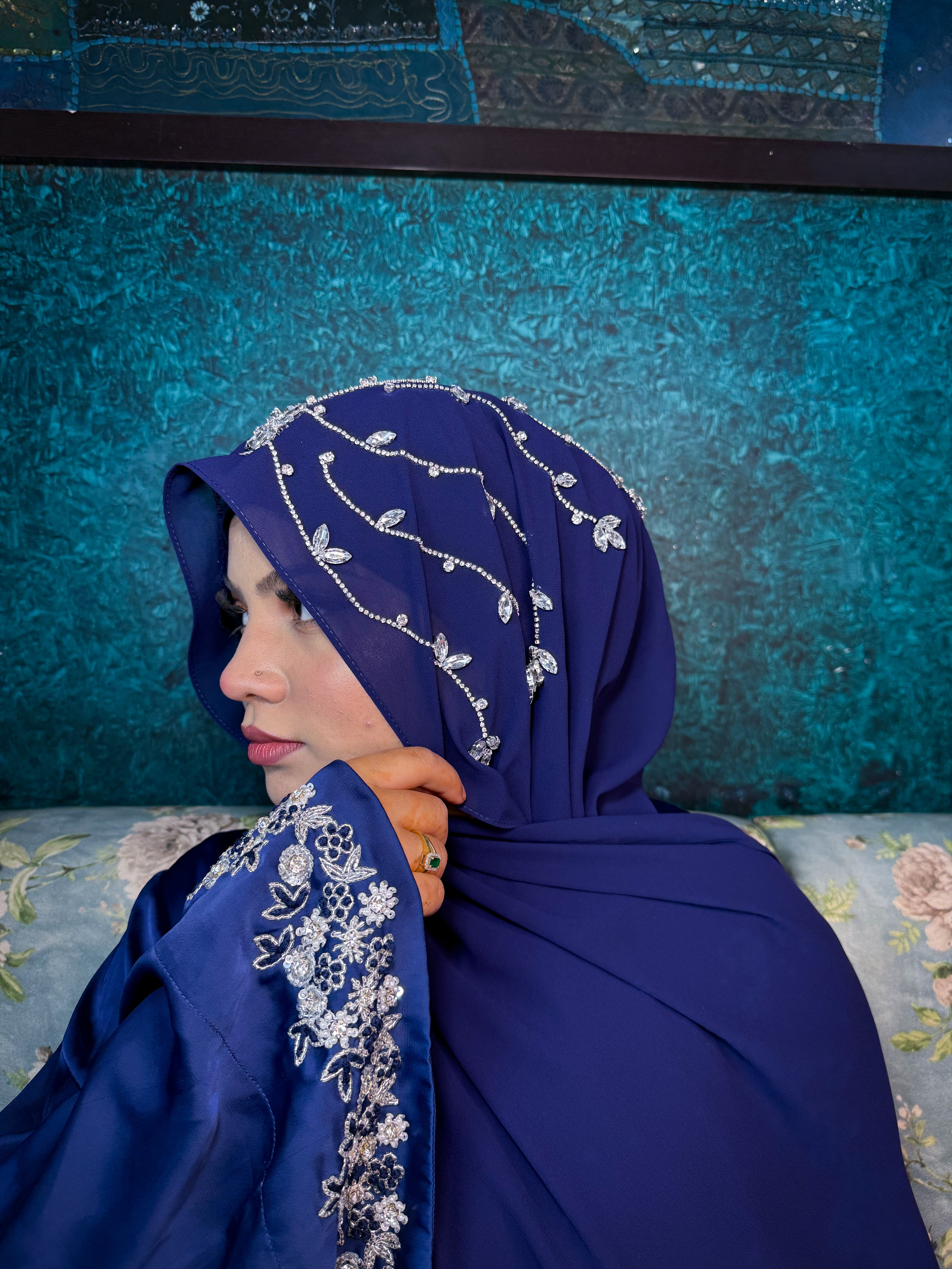 Blue Diamond Premium Handwork Taj Hijab (SIZE 180 cm x 70 cm)