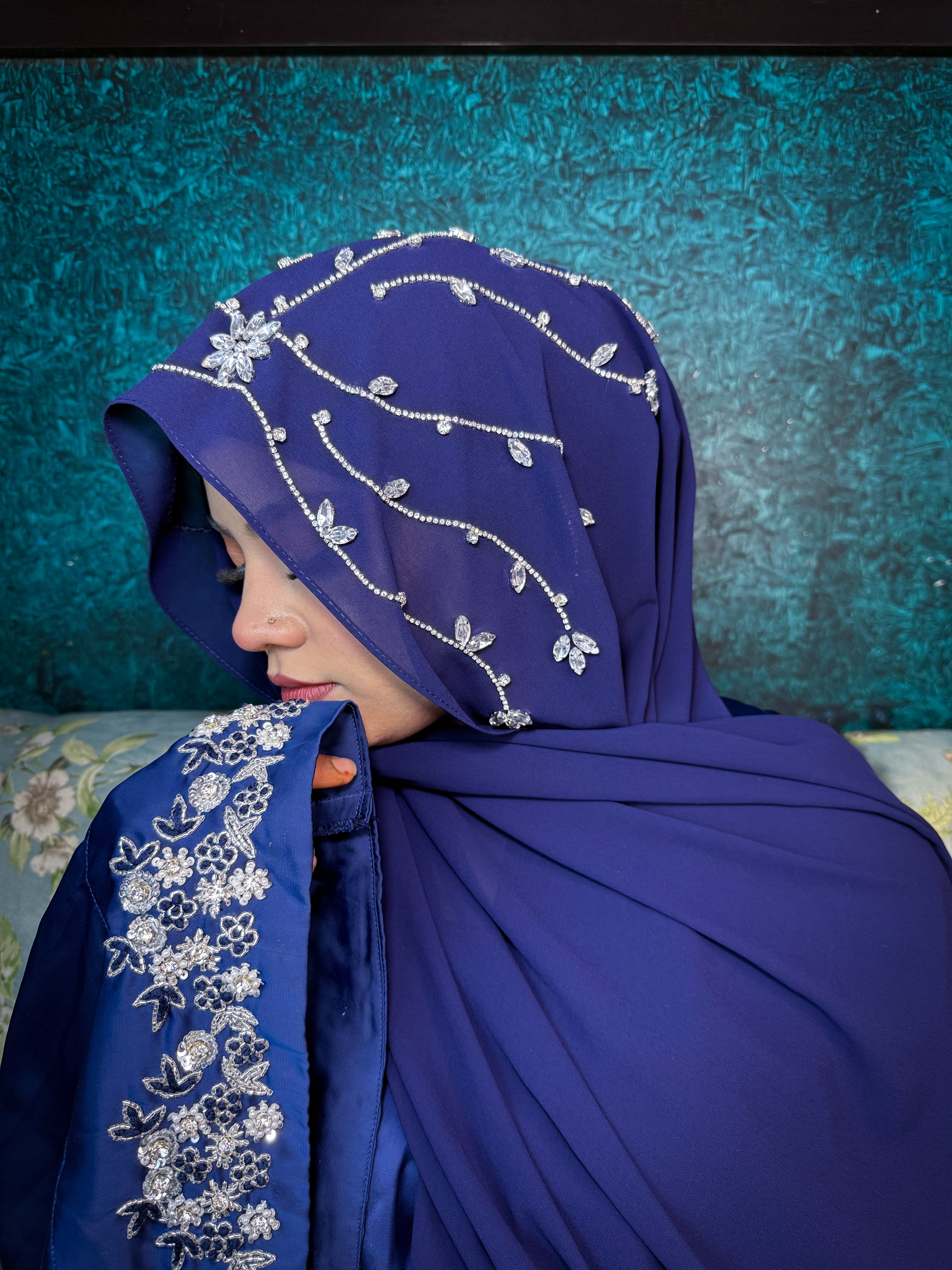 Blue Diamond Premium Handwork Taj Hijab (SIZE 180 cm x 70 cm)